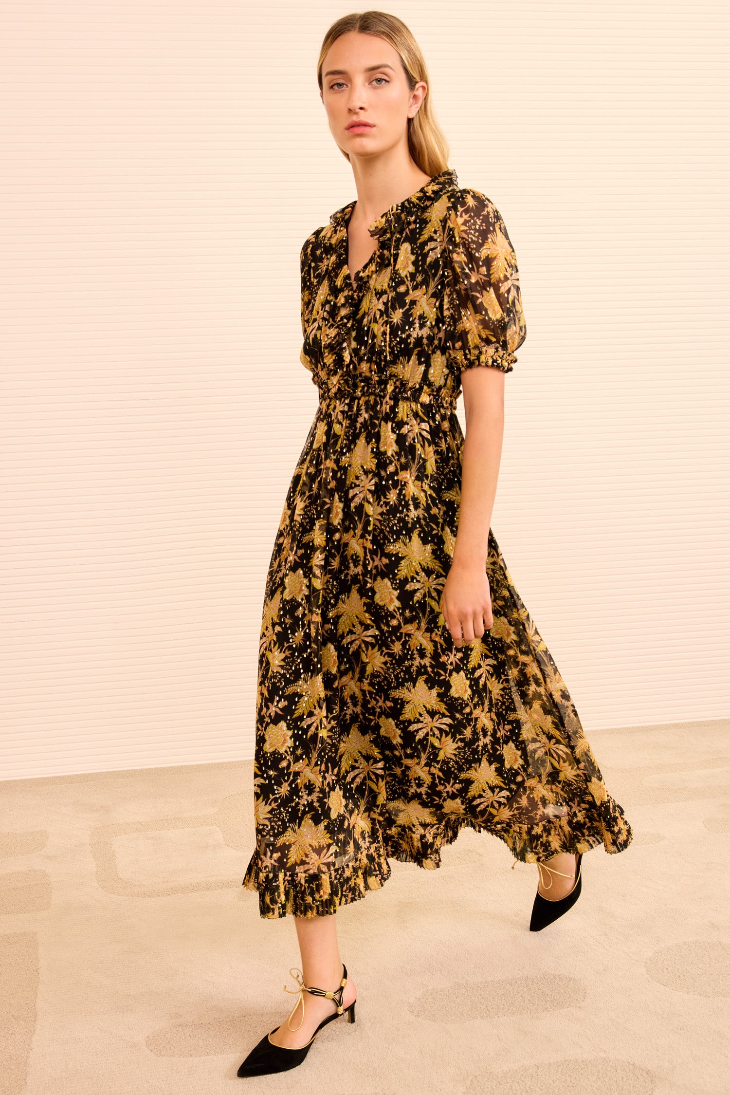 Rosamunde Puff Sleeve Dress - Forsythia V Neck Silk Chiffon Floral