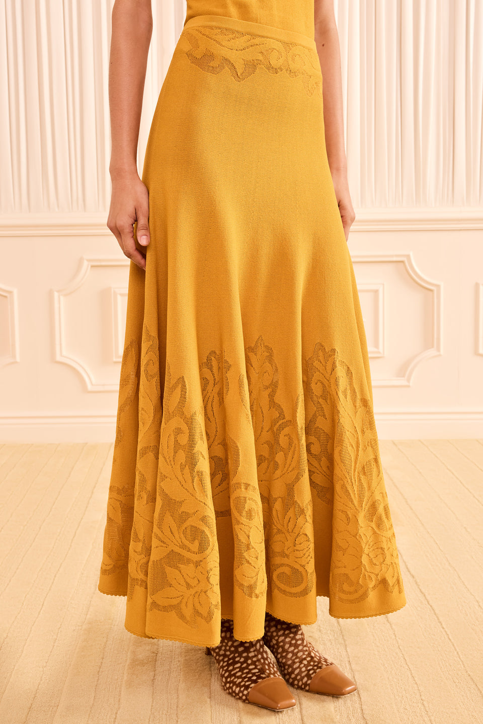 Topaz Designer Knit Midi Skirt - Waistband Floral Motif Close-Up | Ulla Johnson