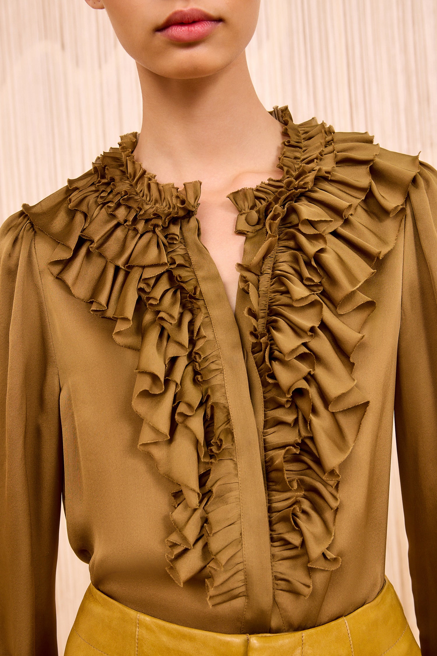 Rouen Silk Ruffle Front Long Sleeve Blouse - Willow Olive Silk