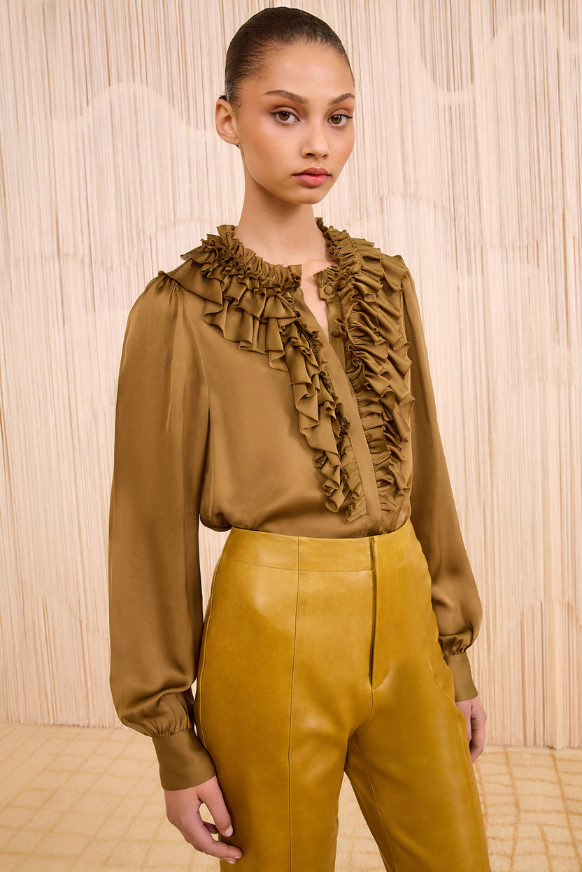 Rouen Silk Ruffle Front Long Sleeve Blouse - Willow Olive Silk Ruffle ...