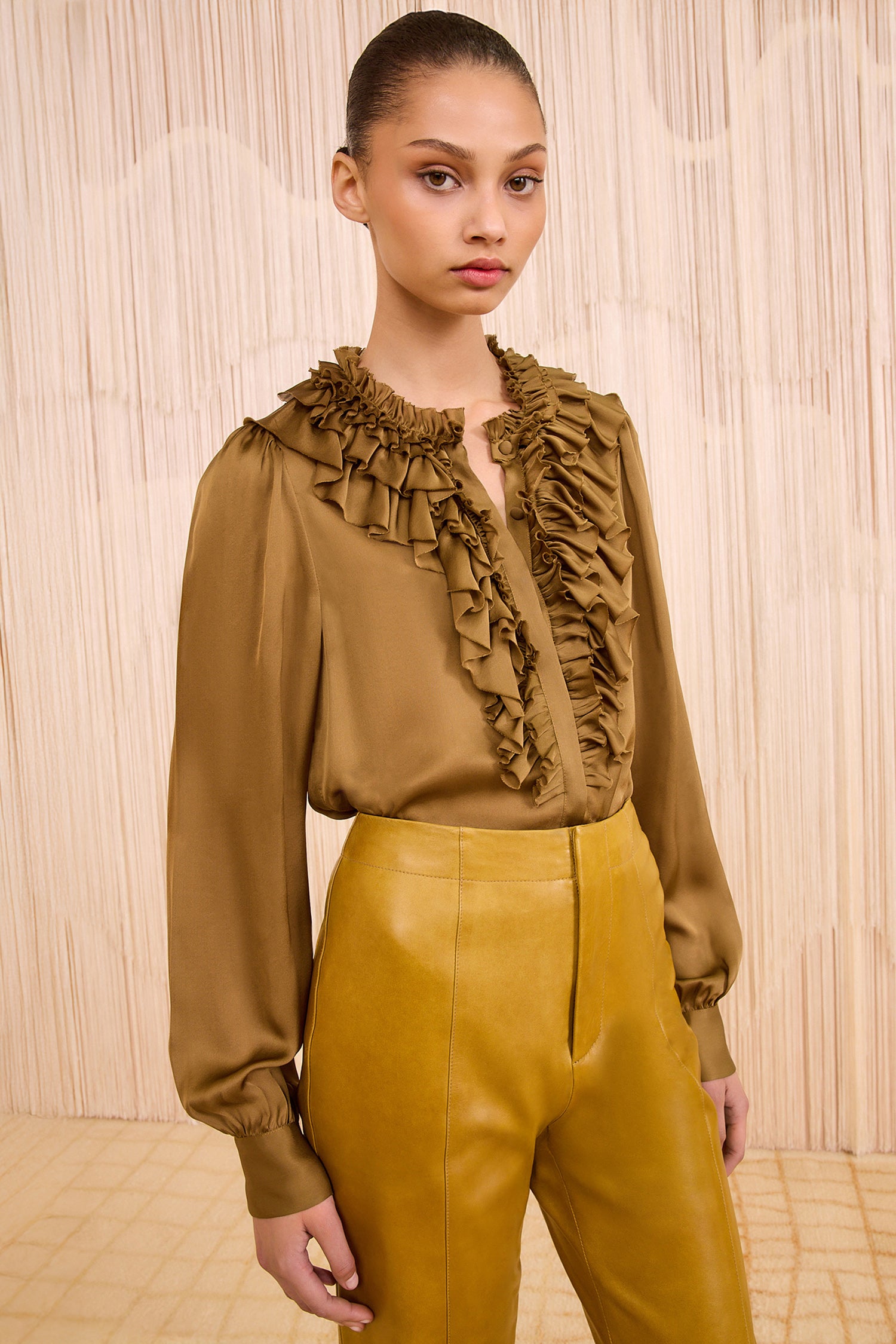 Rouen Silk Ruffle Front Long Sleeve Blouse - Willow Olive Silk