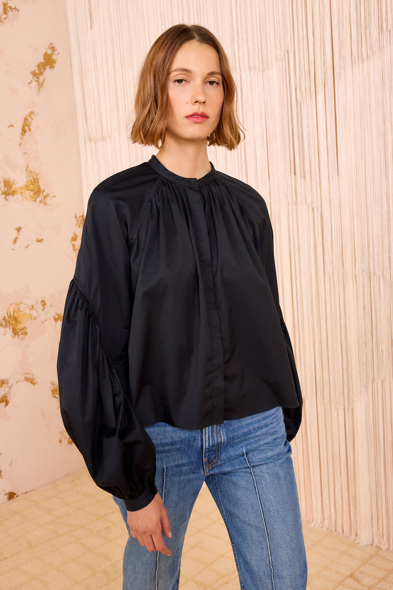 Rowena Long Sleeve Blouse - Noir Black Architectural Sleeve Fluid 