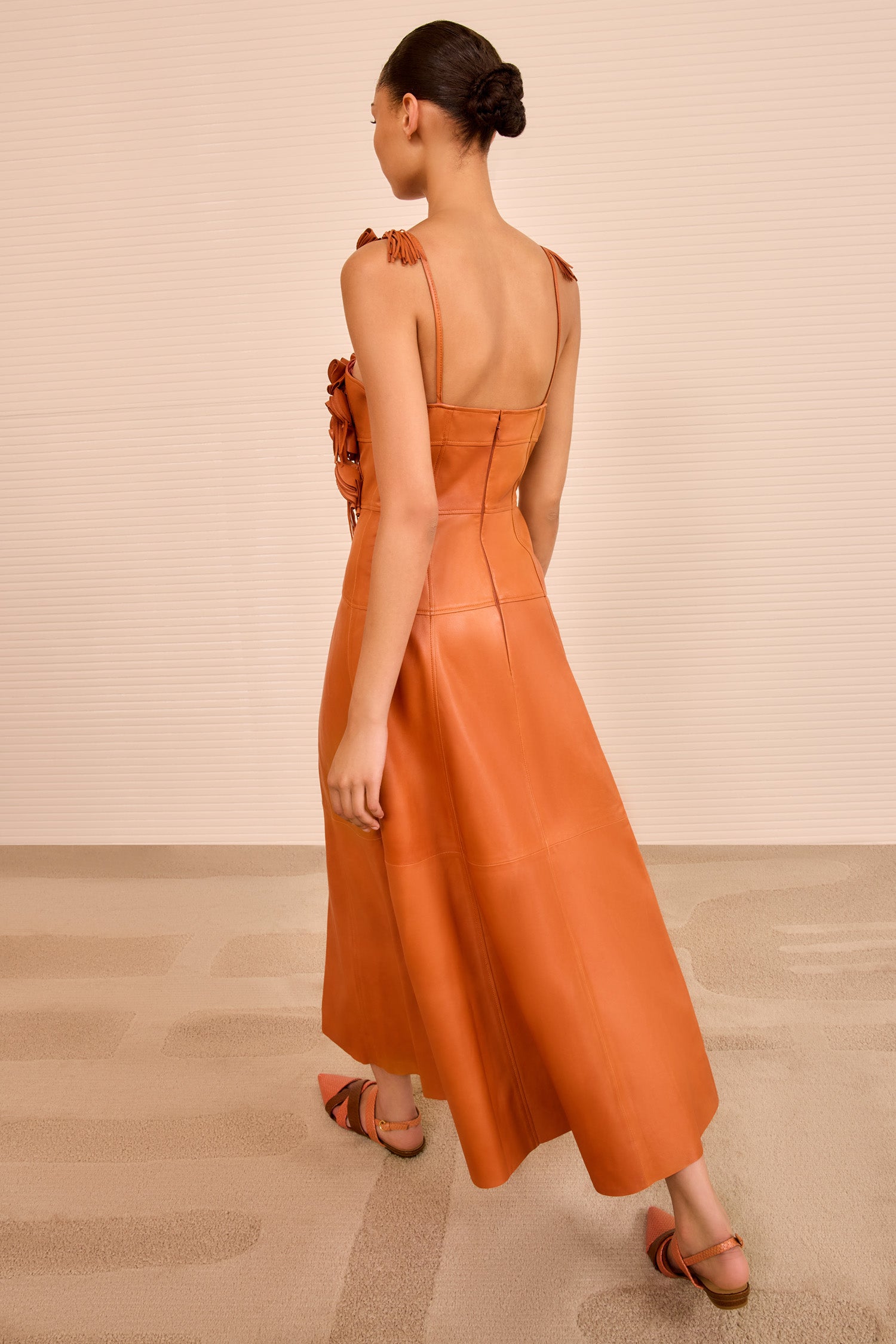 Sabrina Floral Applique Leather Dress - Sienna