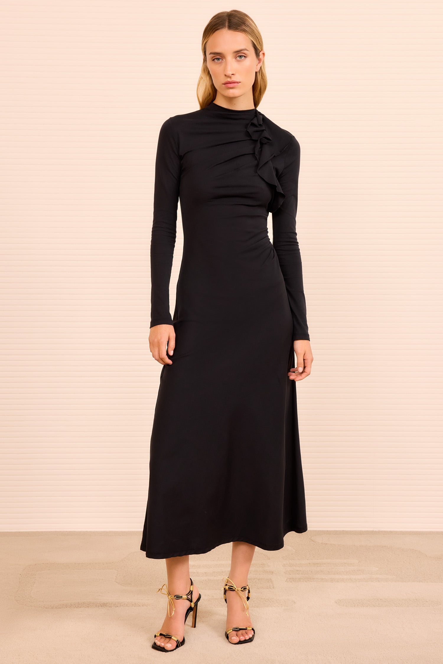 Safi Long Sleeve Dress - Noir Black Cotton Ruffle Midi Dress