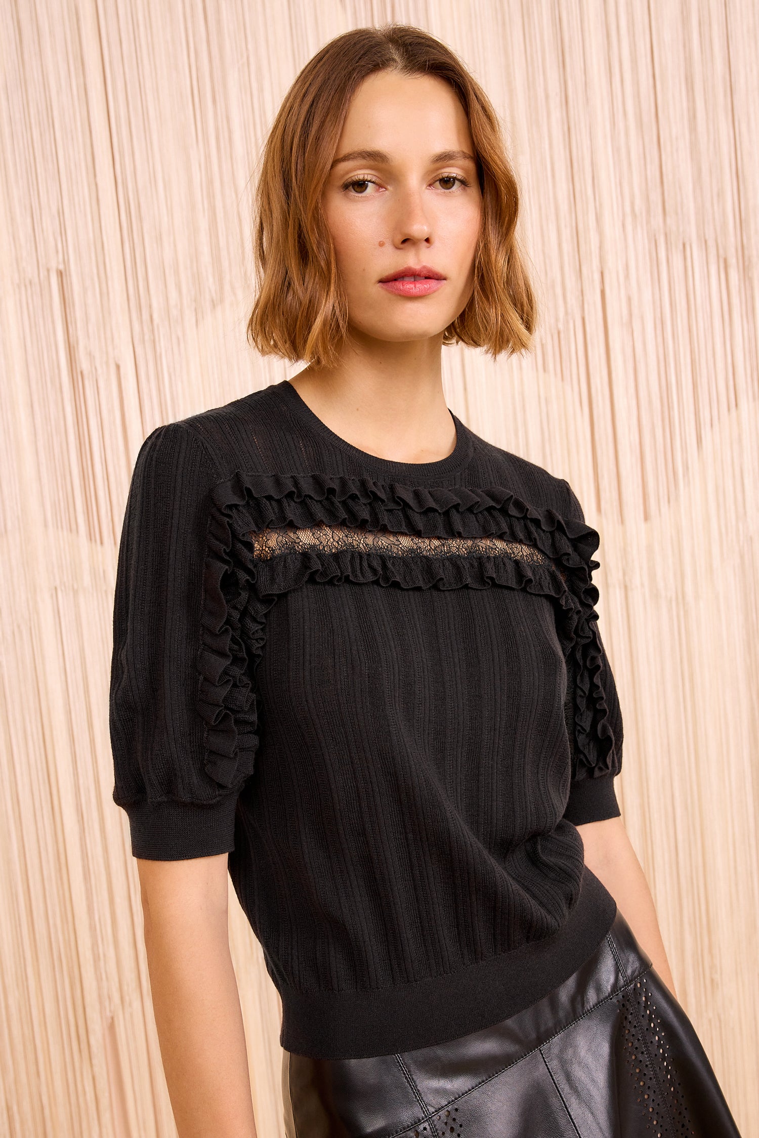Salima Short Sleeve Knit - Noir Black Merino Wool Lace Trim