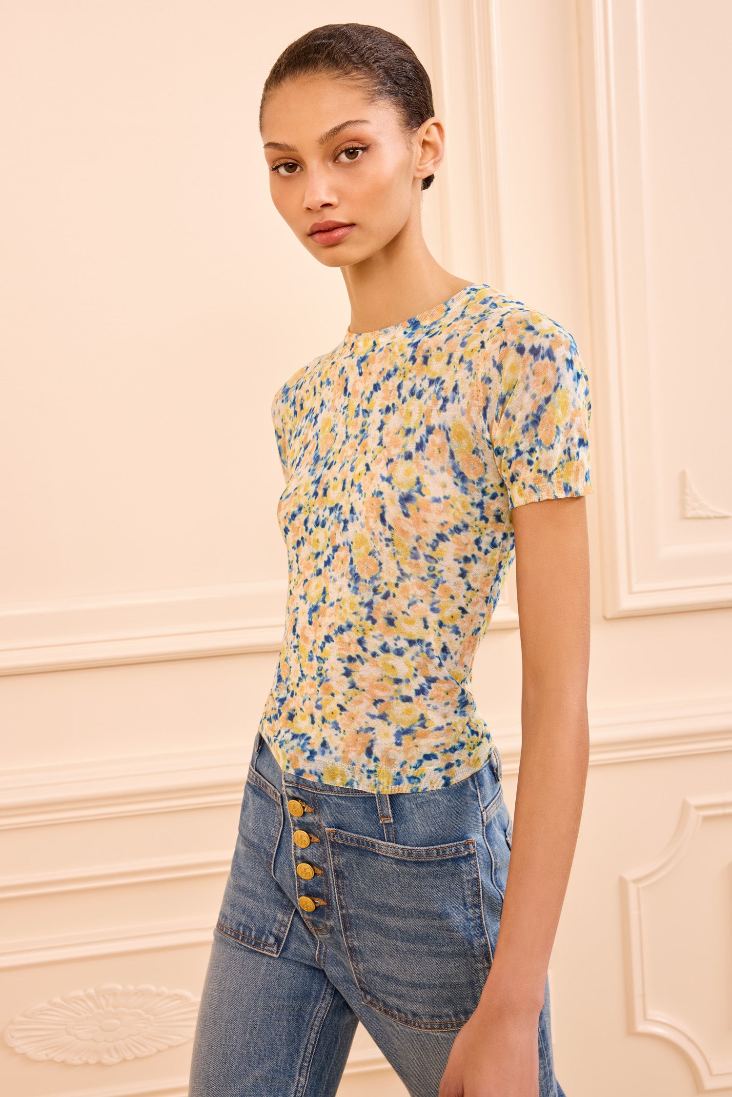 Sana Knit Top - Daffodil Floral Print Short Sleeve Top - Ulla Johnson