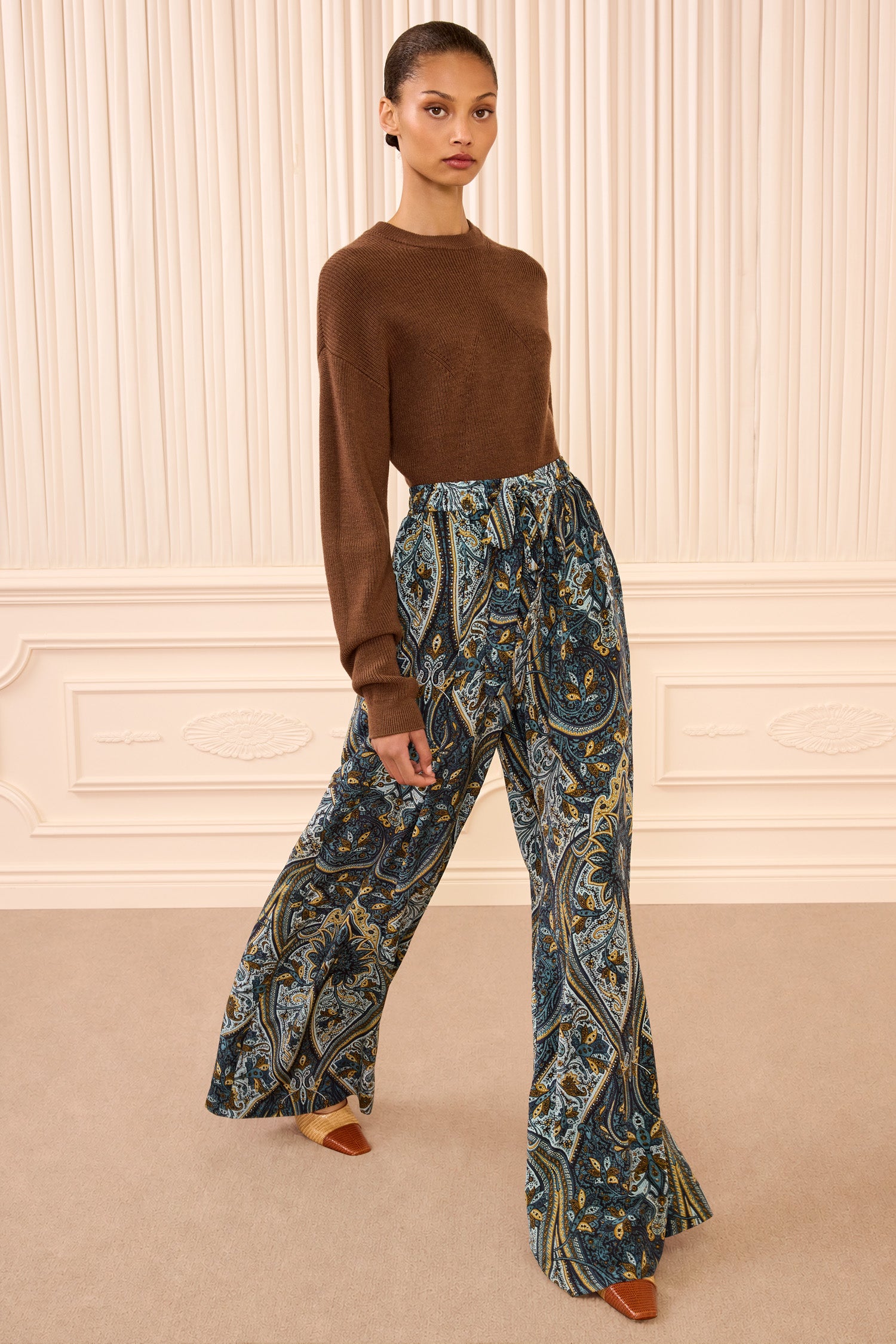 Sawyer Wide Leg Silk Pant - Prussian High-Waisted Tailored Tie
