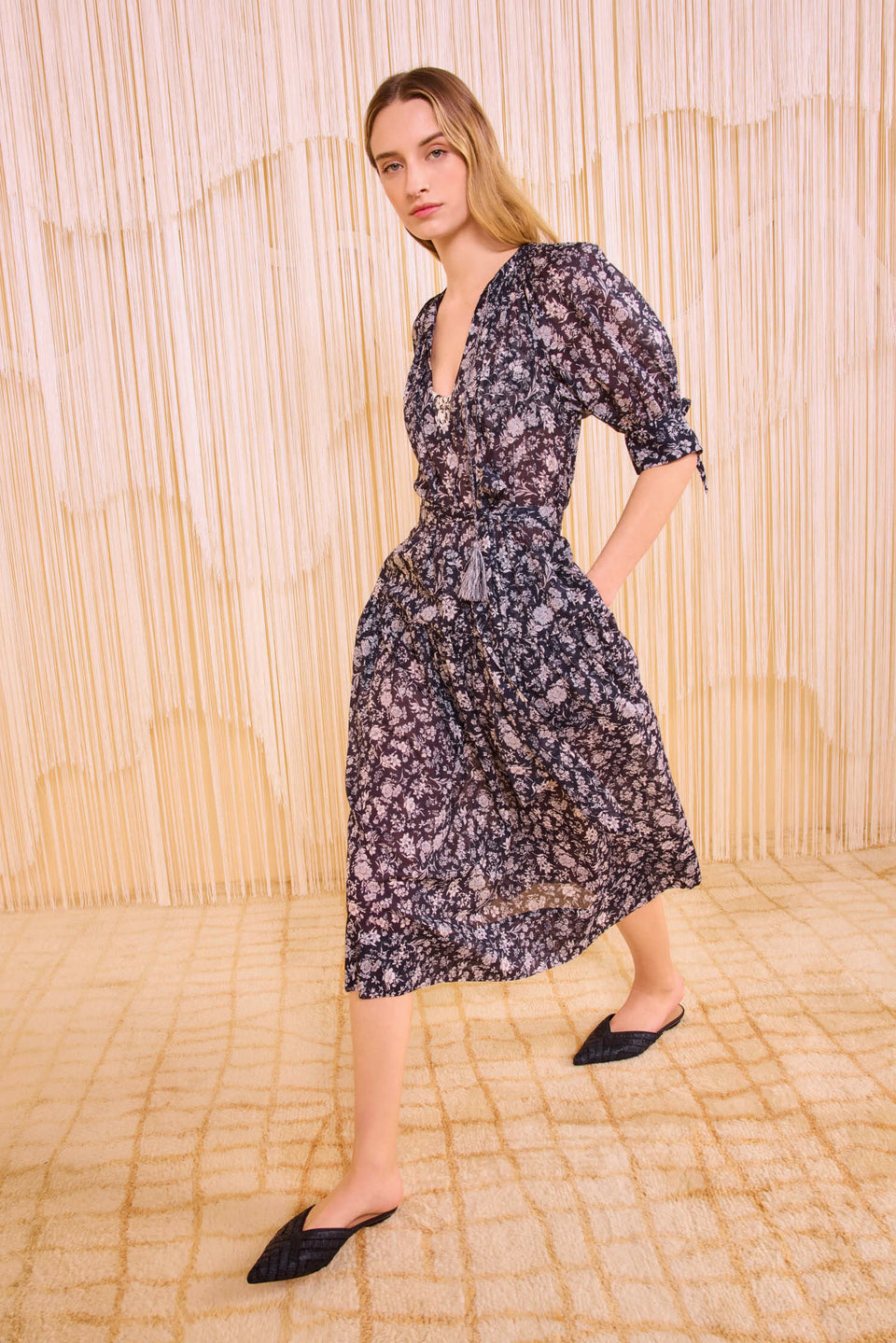 Selena Puff Sleeve Dress Coverup - Midnight Bloom