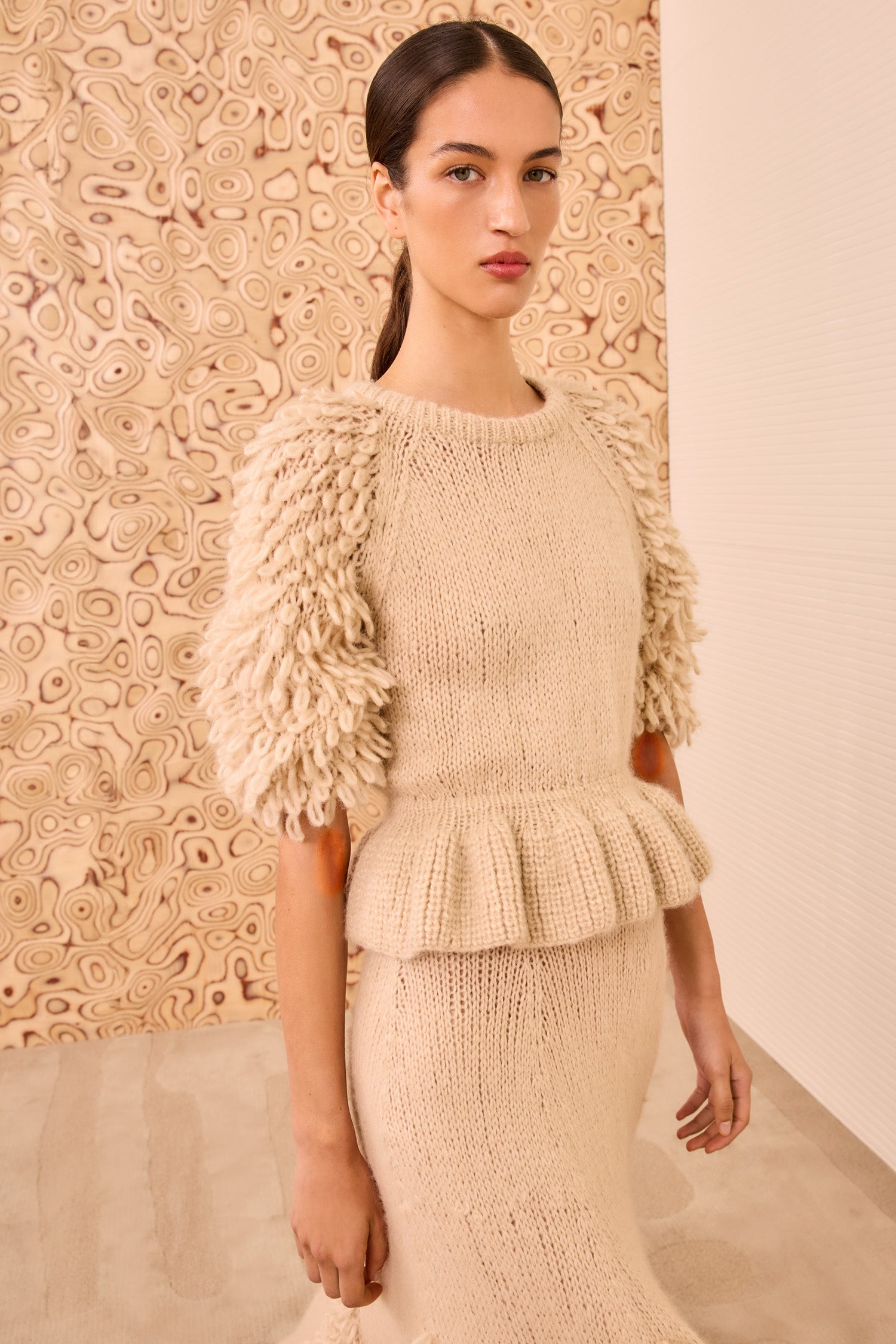 Selene Peplum Pullover - Alabaster Hand-Knitted Alpaca Crew Neck