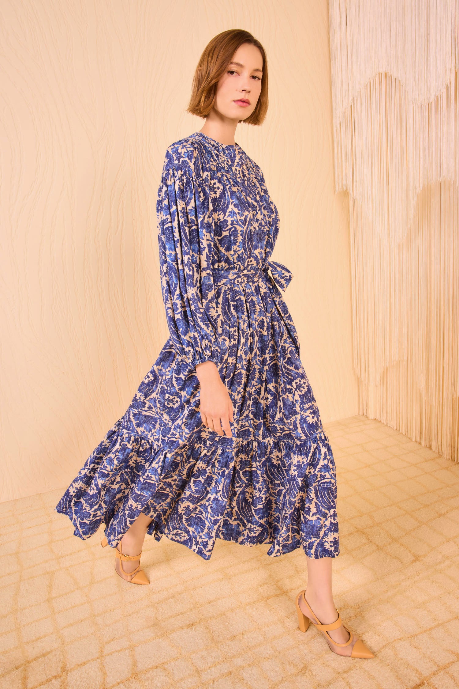 Seraphina Long Sleeve Dress Ocean Blue Striped Floral Midi Dress