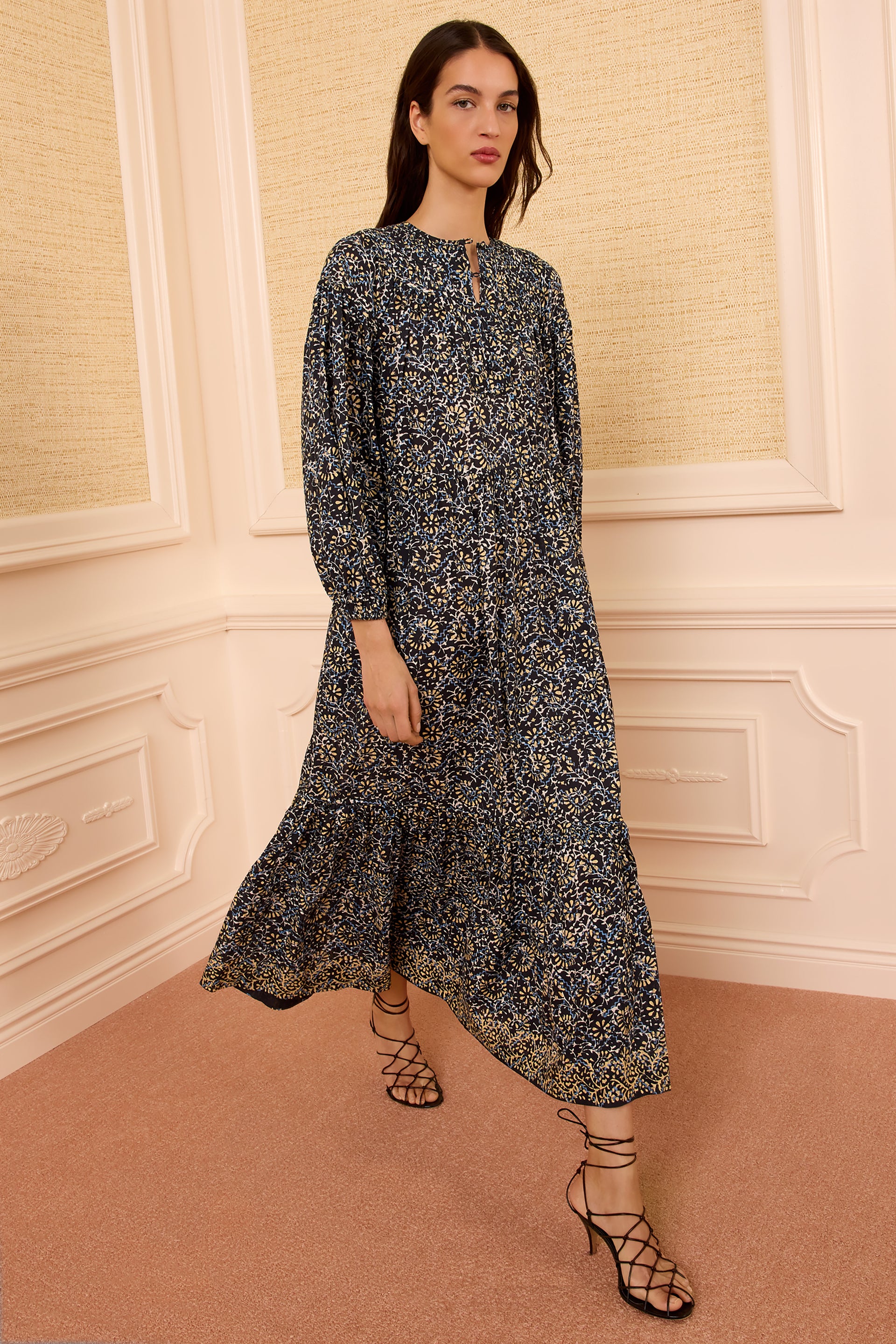 Designer Midnight Bloom Floral Cotton Midi Dress, No Belt - Front View On Model | Ulla Johnson