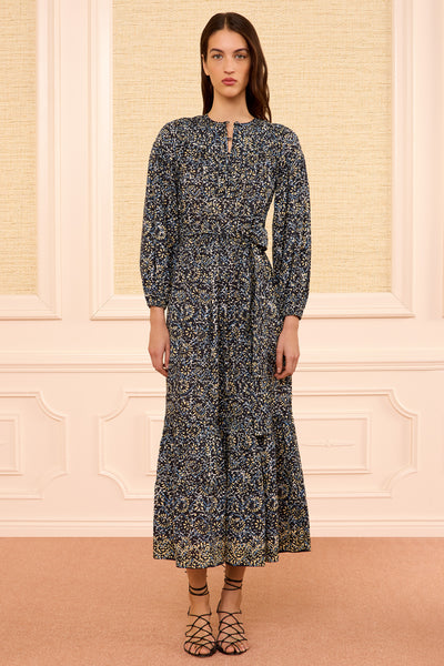 Midnight Bloom Long Sleeve Cotton Midi Dress - Front, Belted, Full Length | Ulla Johnson