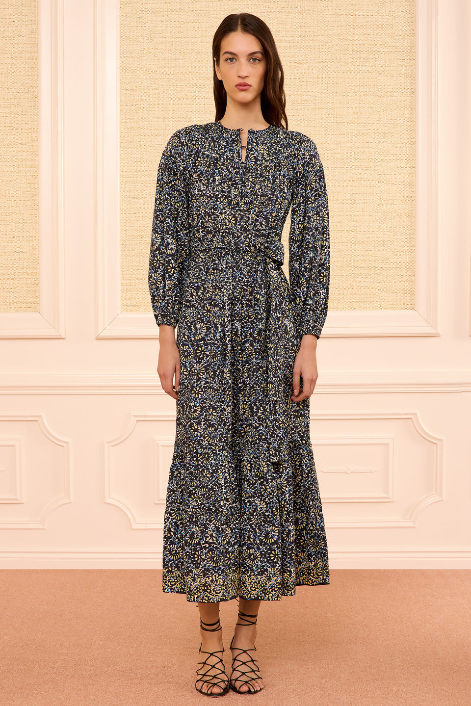 Midnight Bloom Long Sleeve Cotton Midi Dress - Front, Belted, Full Length | Ulla Johnson
