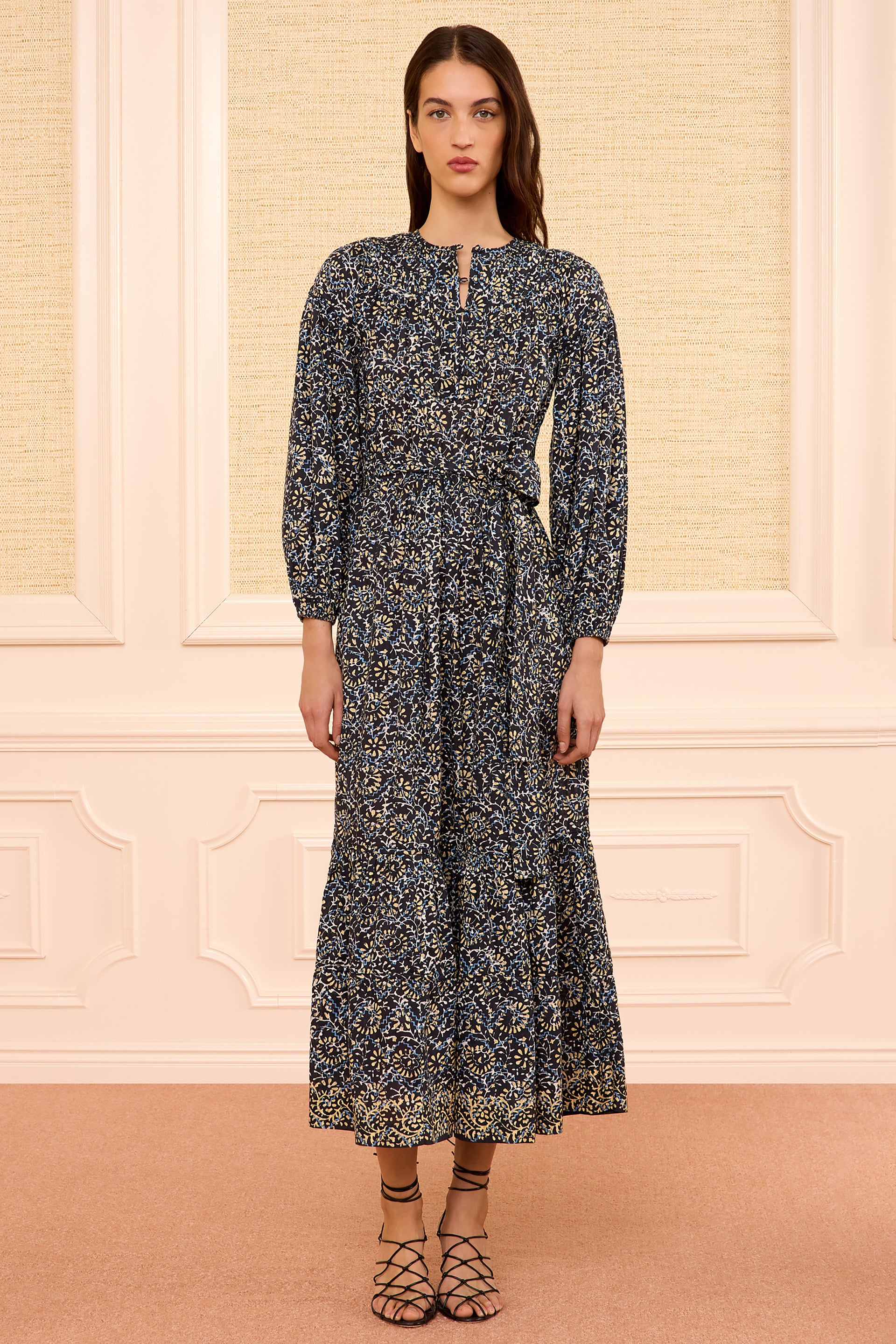Ulla Johnson Midnight Bloom Long Sleeve Cotton Midi Dress - Front, Belted, Full Length | Ulla Johnson