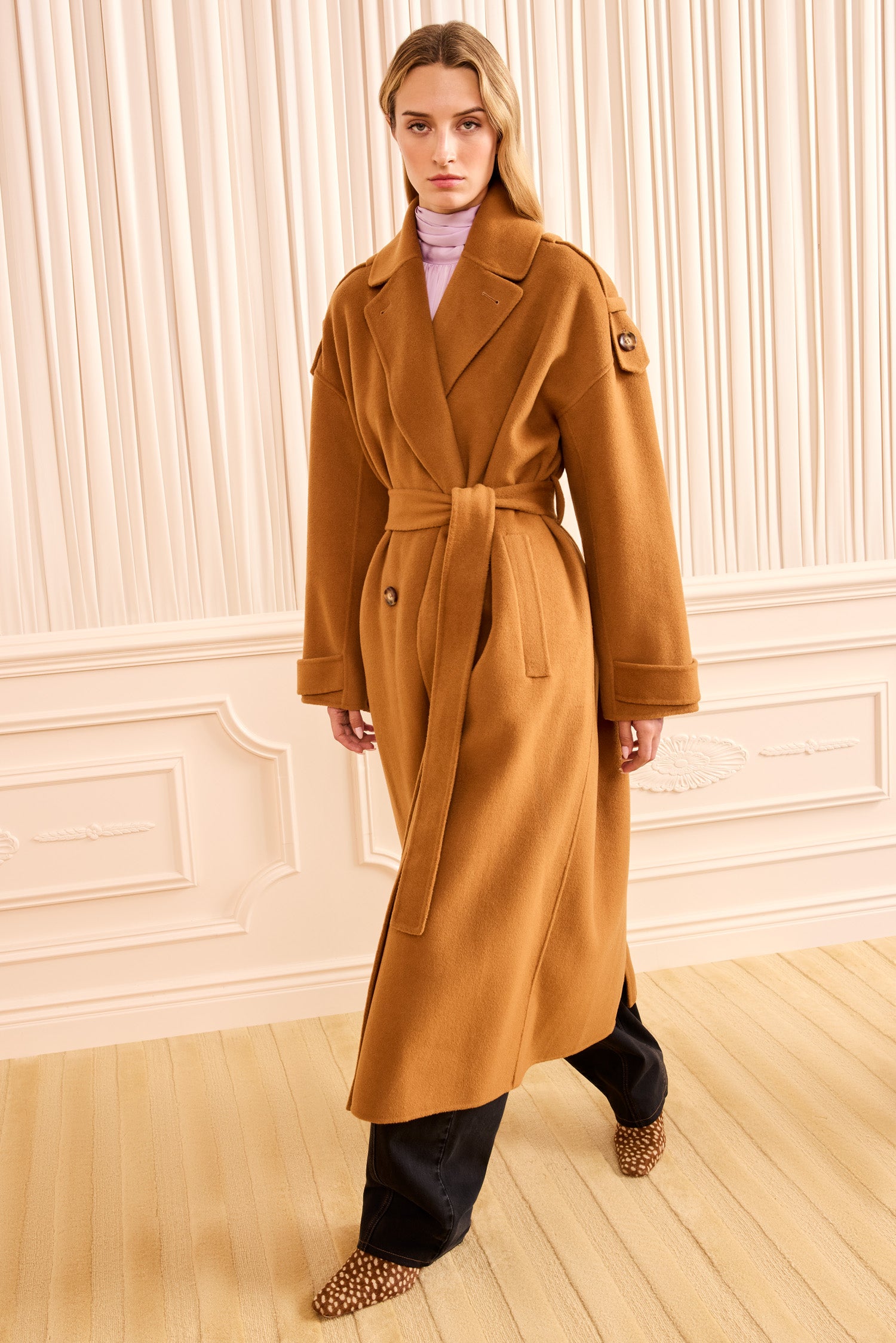 Ulla Johnson Sandstone Wool Cashmere Belted Trench Coat - Front View, On Model | Ulla Johnson