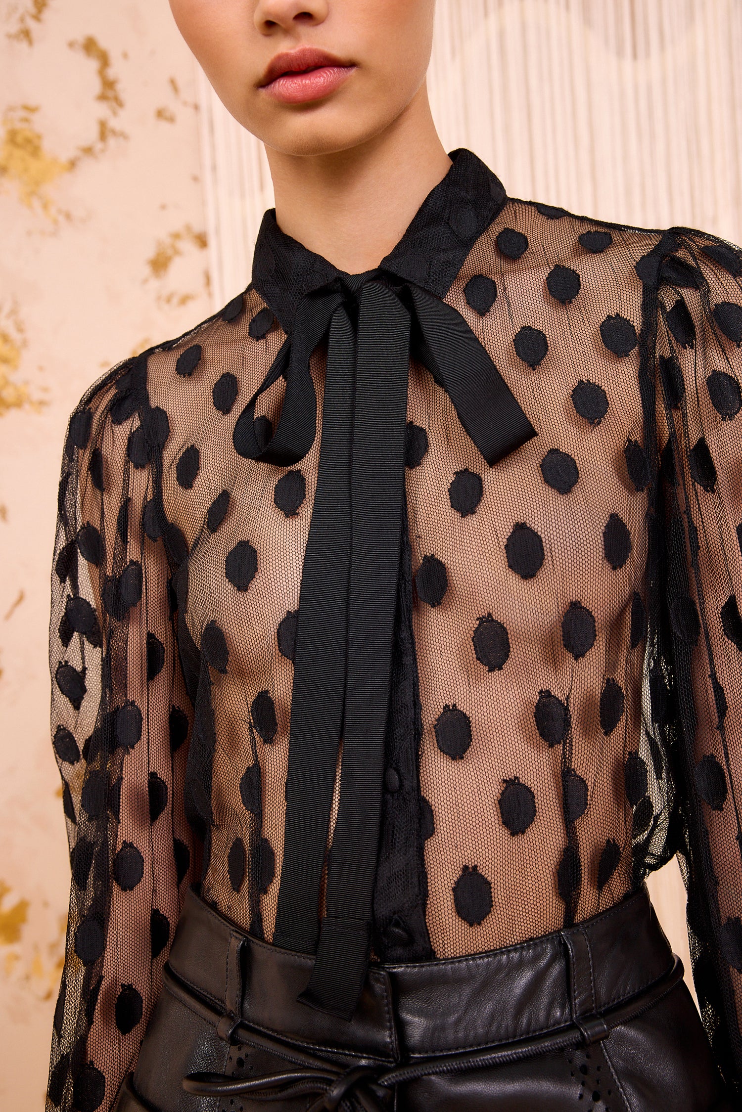 Soraya Lace Neck–Tie Blouse - Noir Black Lace Dot Blouse