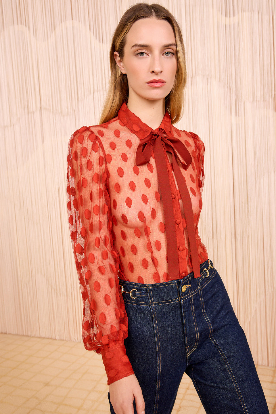 Soraya Lace Neck&ndash;Tie Blouse - Ruby