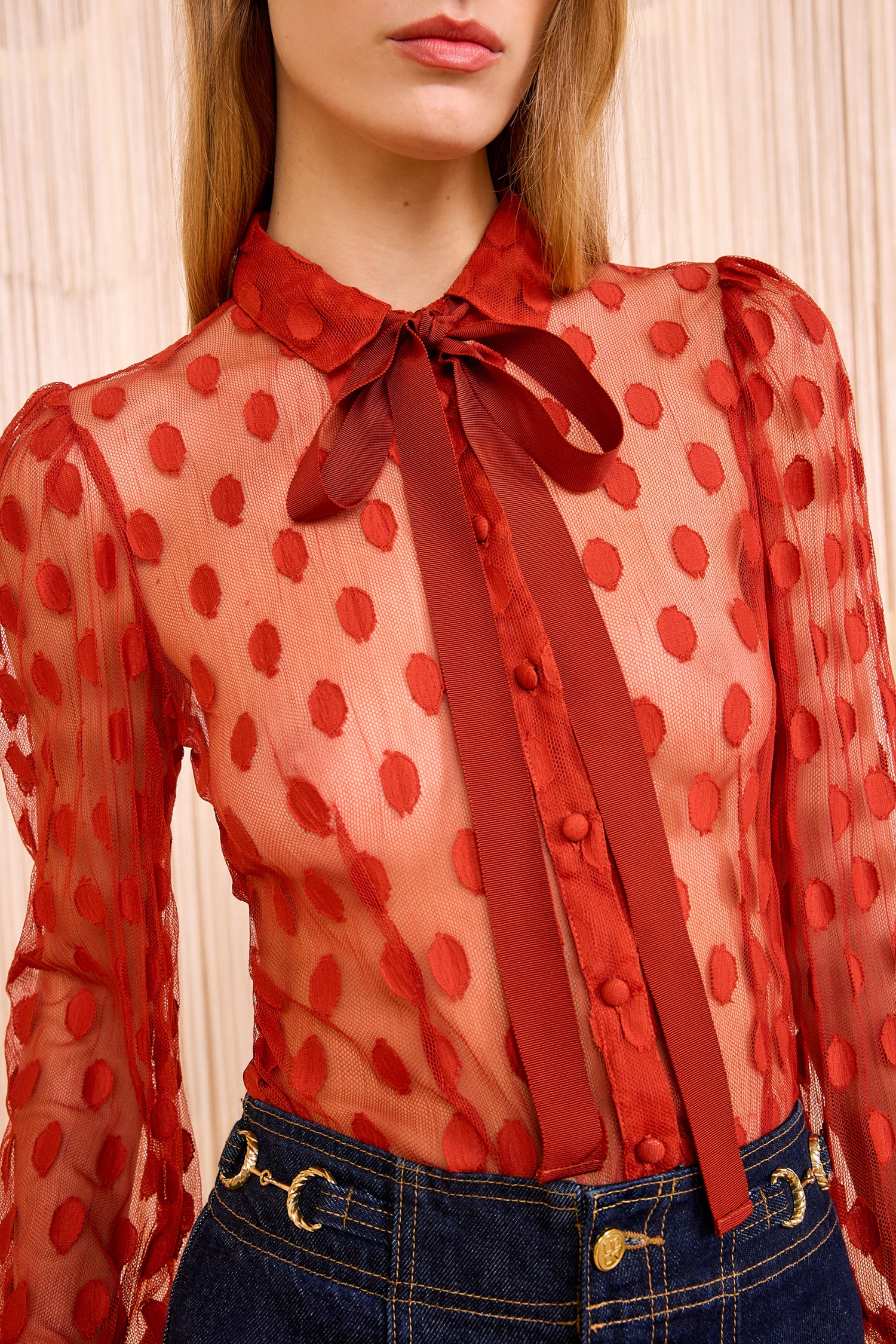 Soraya Lace Neck&ndash;Tie Blouse - Ruby