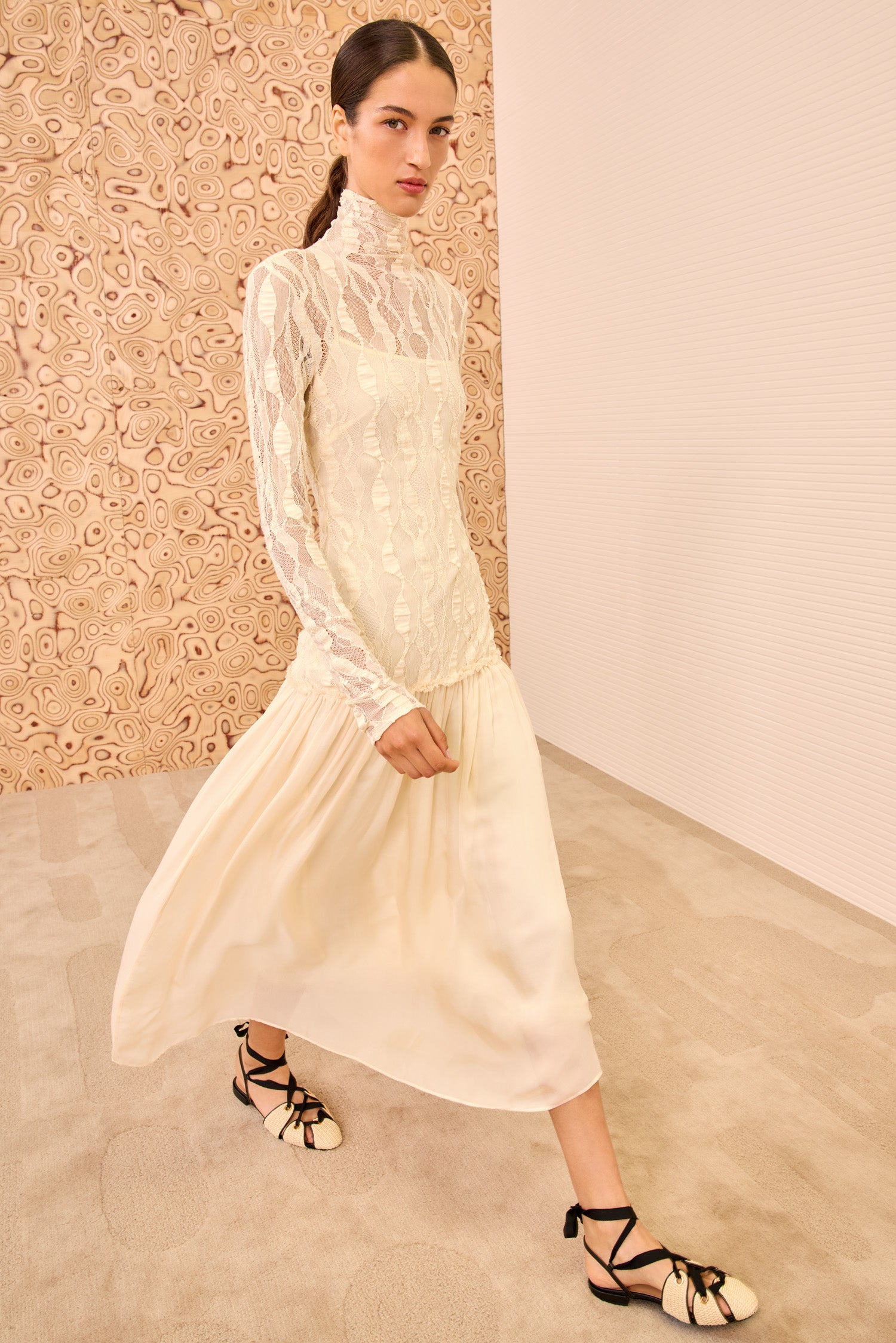 chinese dress ladies Sybil Drop Waist Dress - Cowrie White Turtleneck Lace Midi Dress