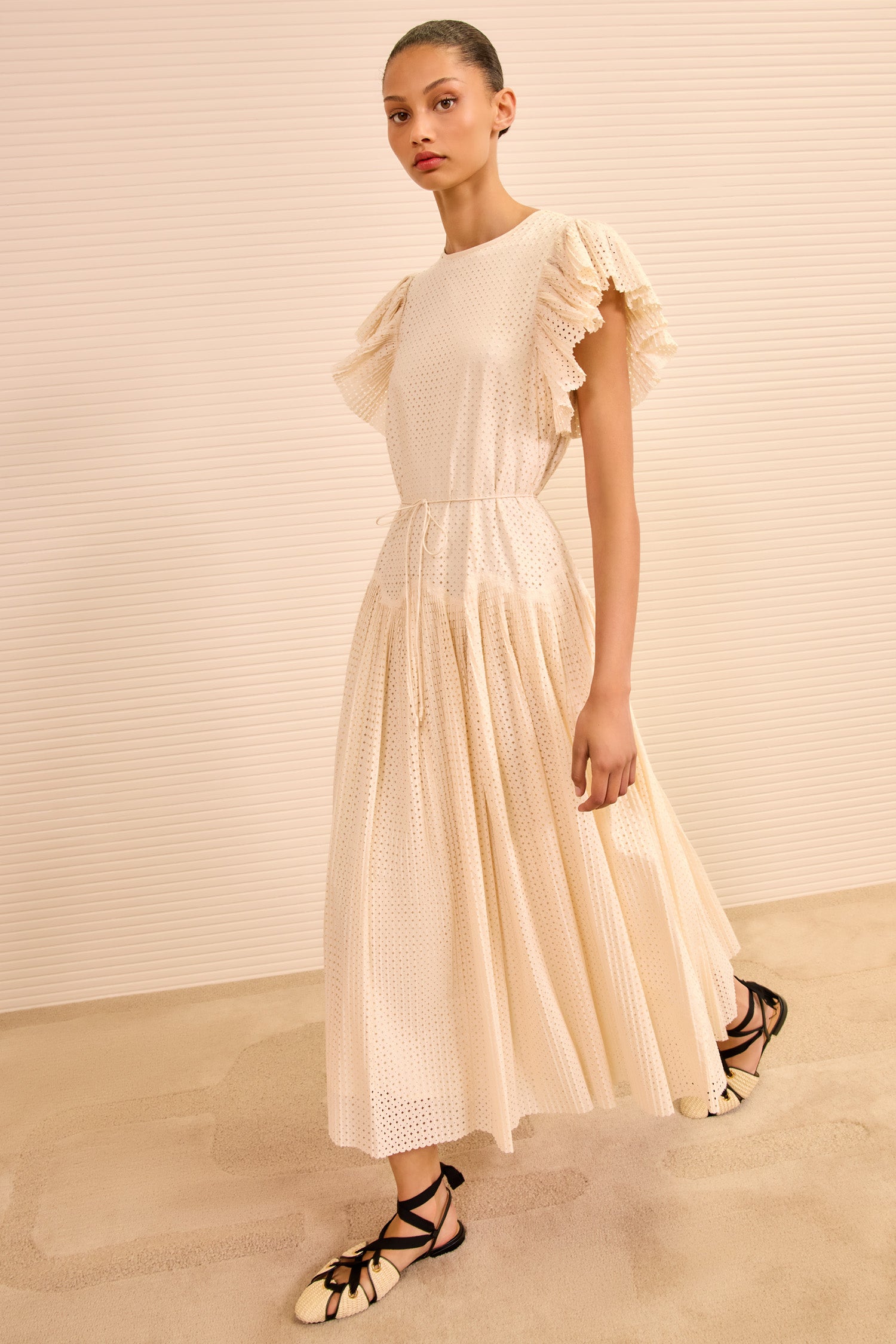 Ulla Johnson | Women's Sylvaine Flutter Sleeve Midi Dress in White Cotton A Line Wedding Guest Dress with Waist Tie - Size 10 Ulla Johnson | Women's Sylvaine Flutter Sleeve Midi Dress in White Cotton A Line Wedding Guest Dress with Waist Tie - Size 10