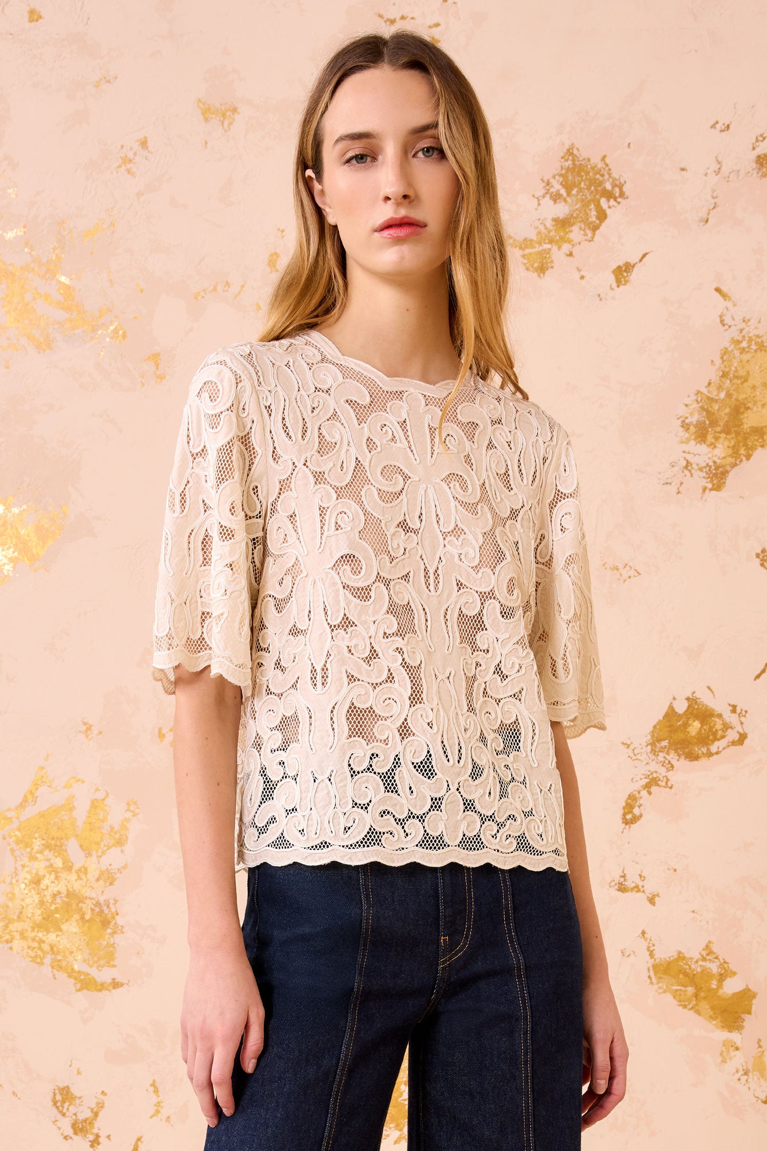 Ulla Johnson Tasia Applique Short Sleeve Top - Chalk
