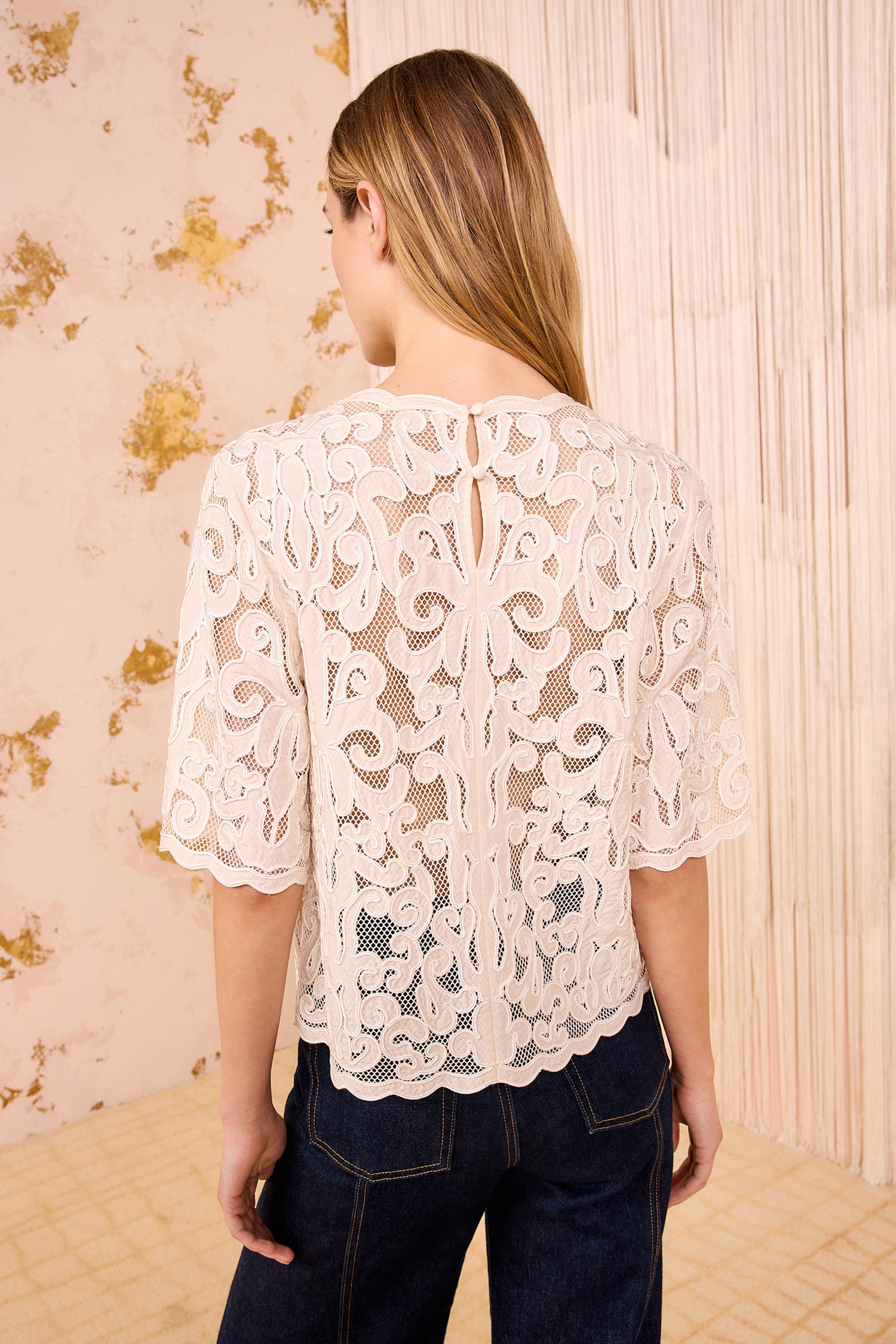 Ulla Johnson Tasia Applique Short Sleeve Top - Chalk