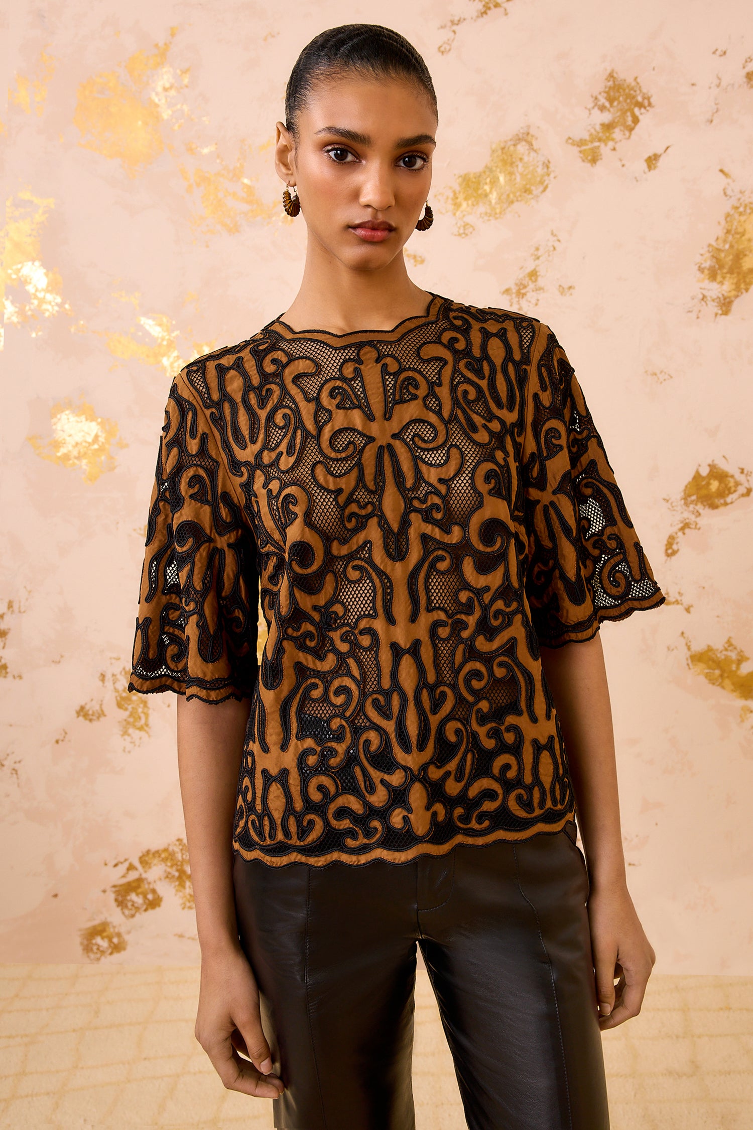 Tasia Applique Short Sleeve Top - Saffron