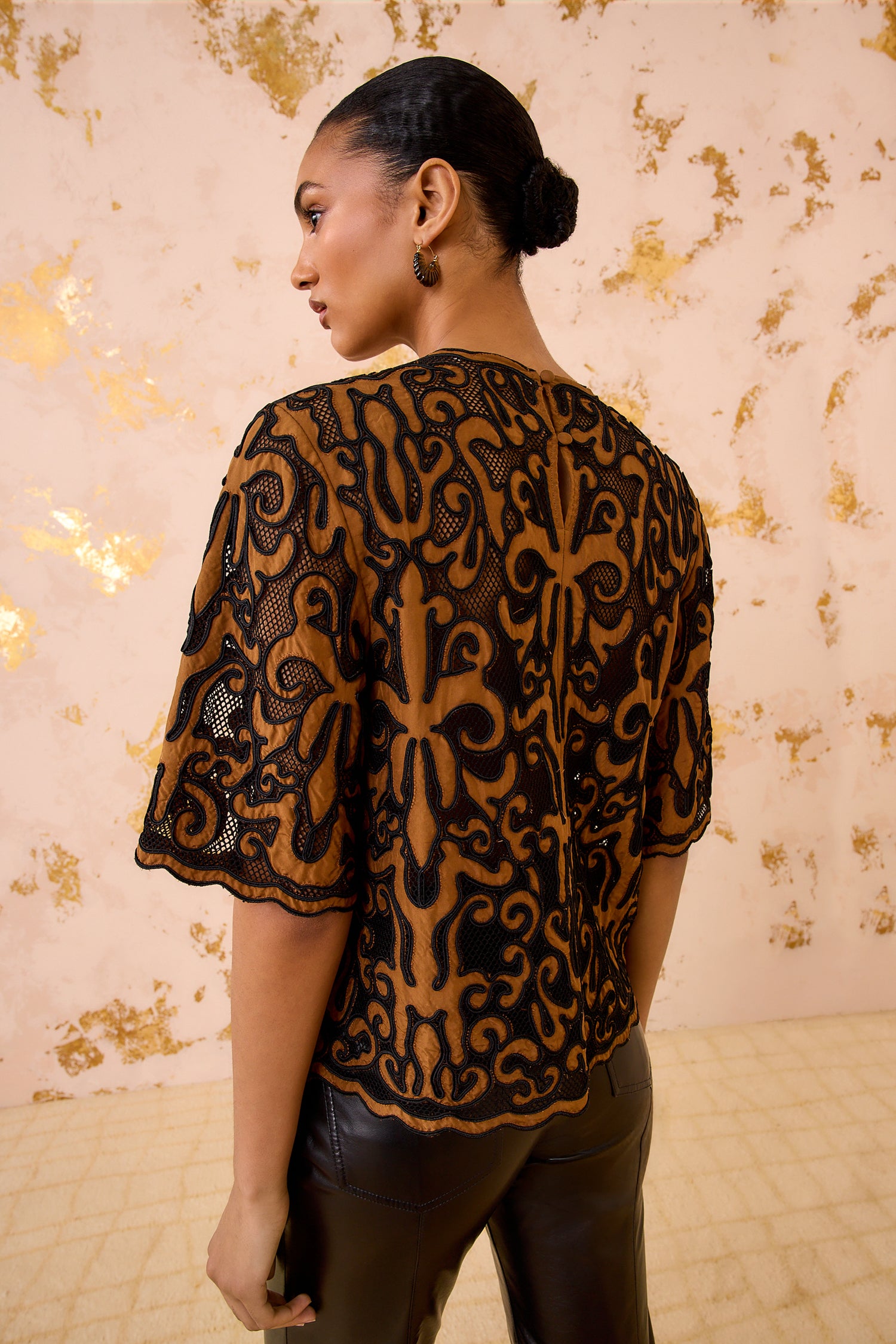 Ulla Johnson Tasia Applique Short Sleeve Top - Saffron