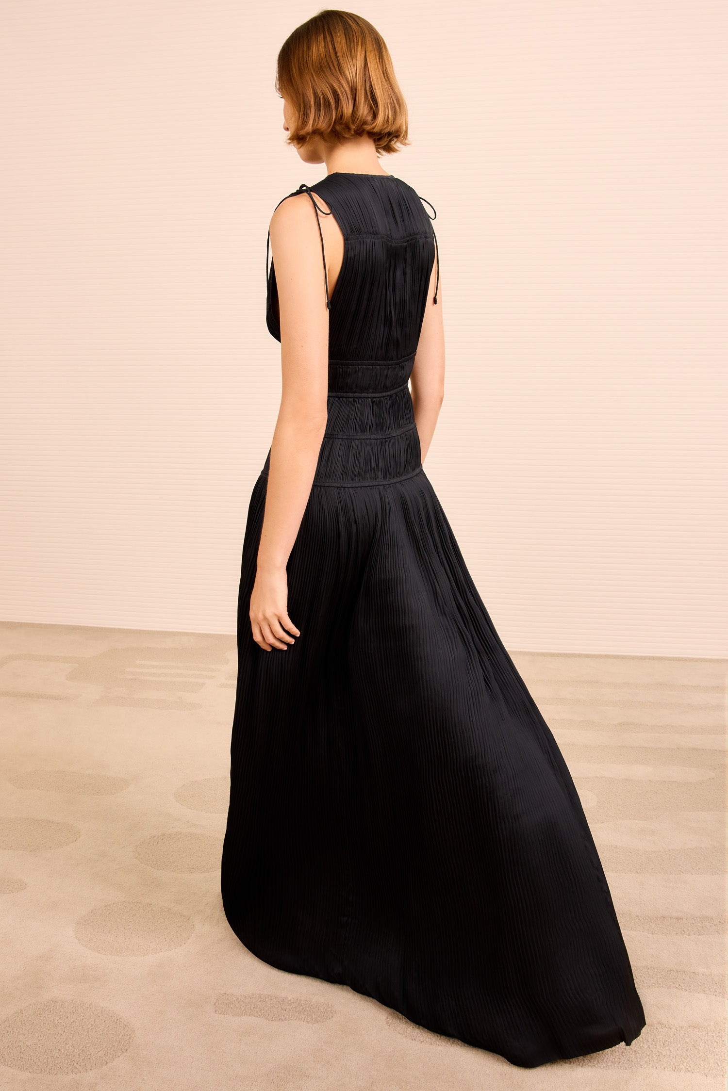 Tasneem Deep V Gown - Noir Black Pleated Satin Gown with Plunge