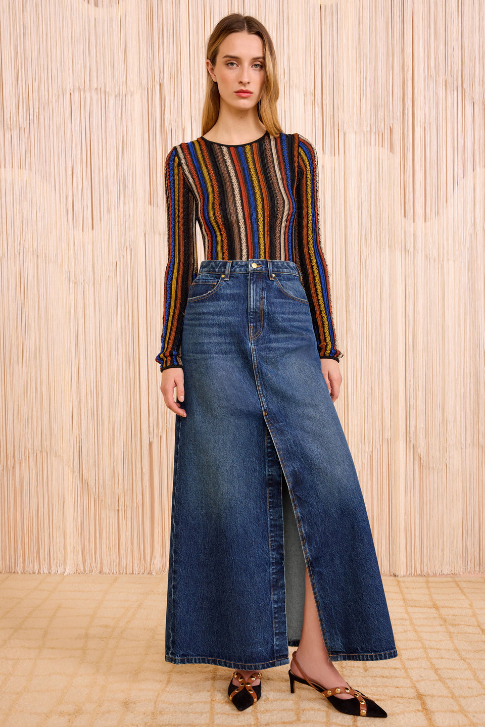 The Anais Denim Mid Rise Maxi Skirt - Nile