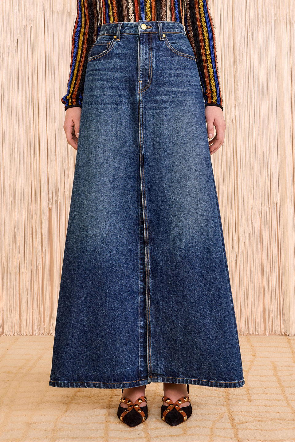 The Anais Denim Mid Rise Maxi Skirt - Nile