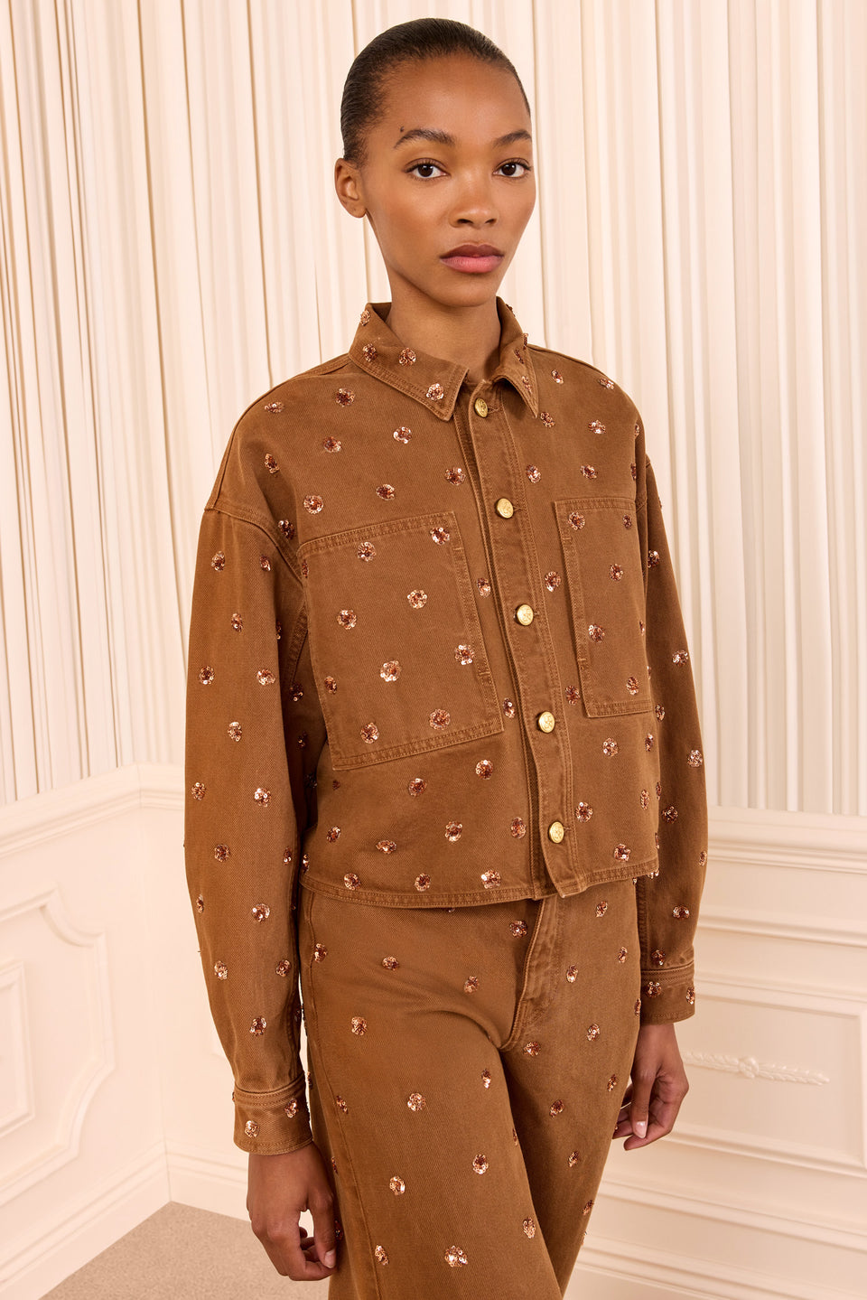The Bobbi Embellished Denim Jacket - Embellished Umber