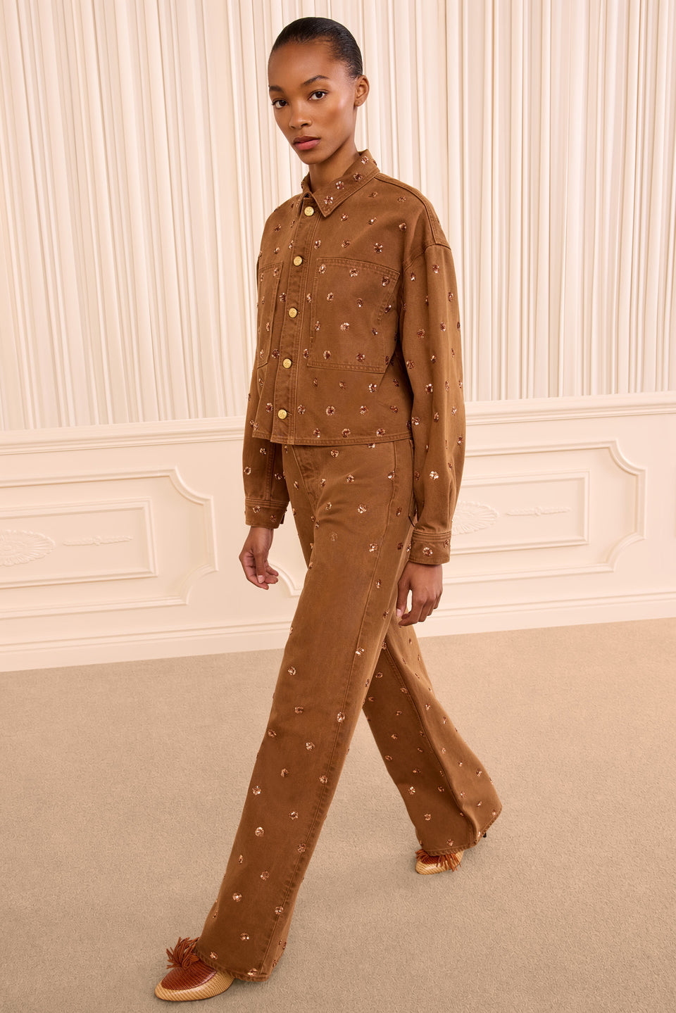 The Bobbi Embellished Denim Jacket - Embellished Umber