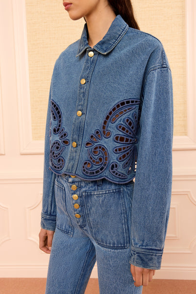 River Designer Denim Jacket Coiling Eyelet Detail - Side Close-Up | Ulla Johnson