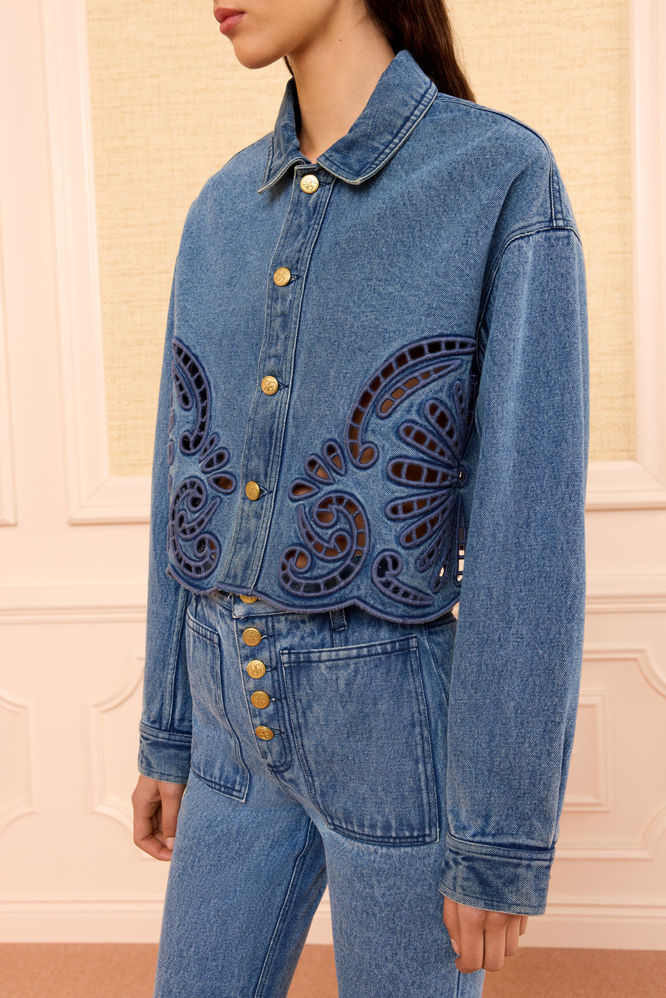 River Designer Denim Jacket Coiling Eyelet Detail - Side Close-Up | Ulla Johnson
