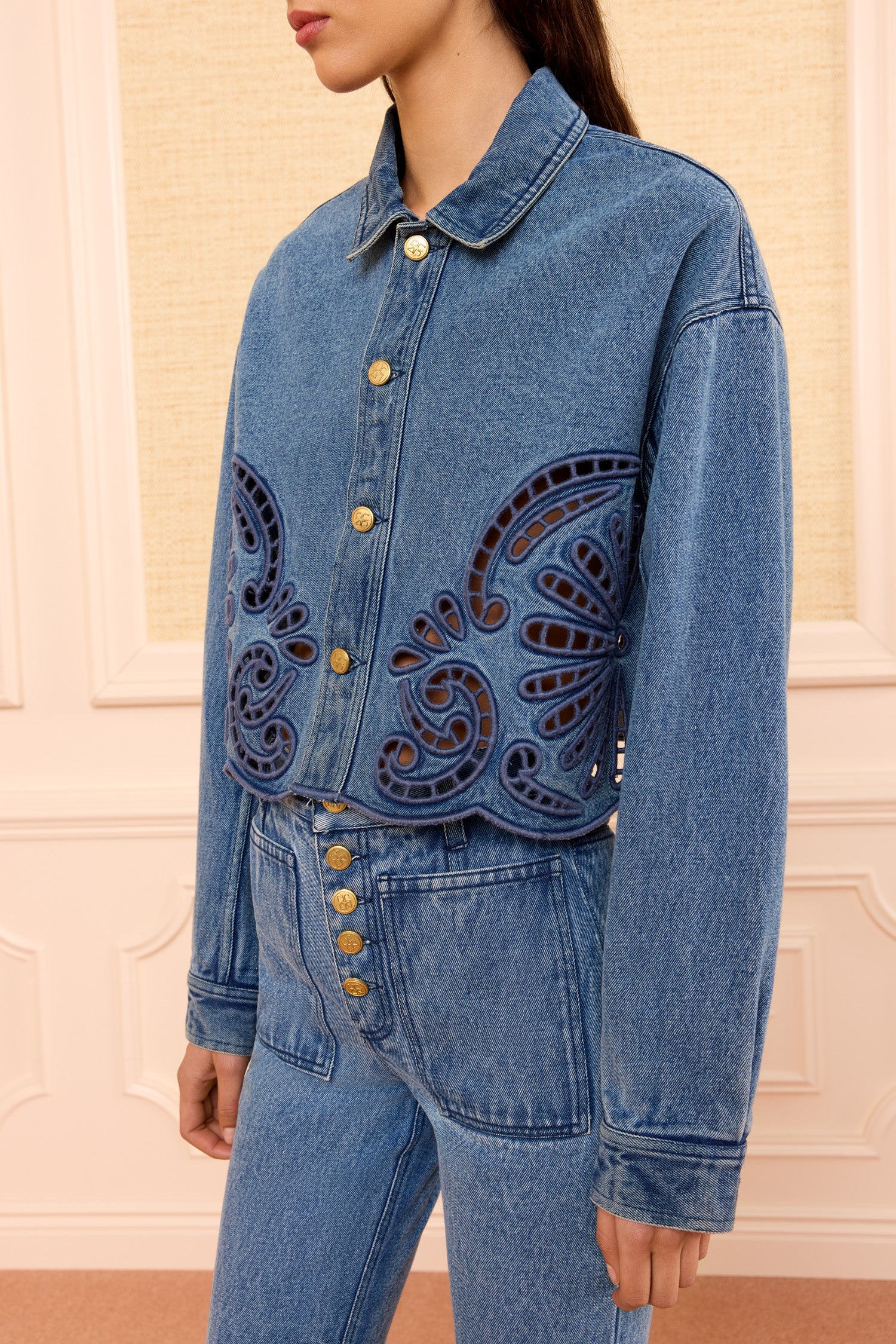 Ulla Johnson River Designer Denim Jacket Coiling Eyelet Detail - Side Close-Up | Ulla Johnson