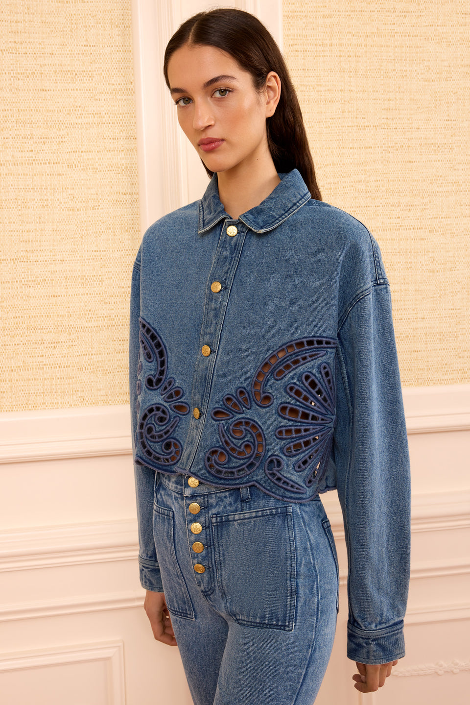 River Luxury Denim Bobbi Jacket with Eyelet - Three-Quarter Front View | Ulla Johnson