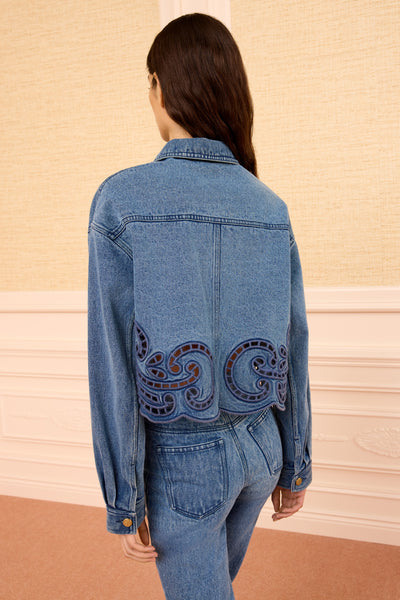 River Premium Denim Jacket Coiling Eyelet Hem Detail - Back View | Ulla Johnson