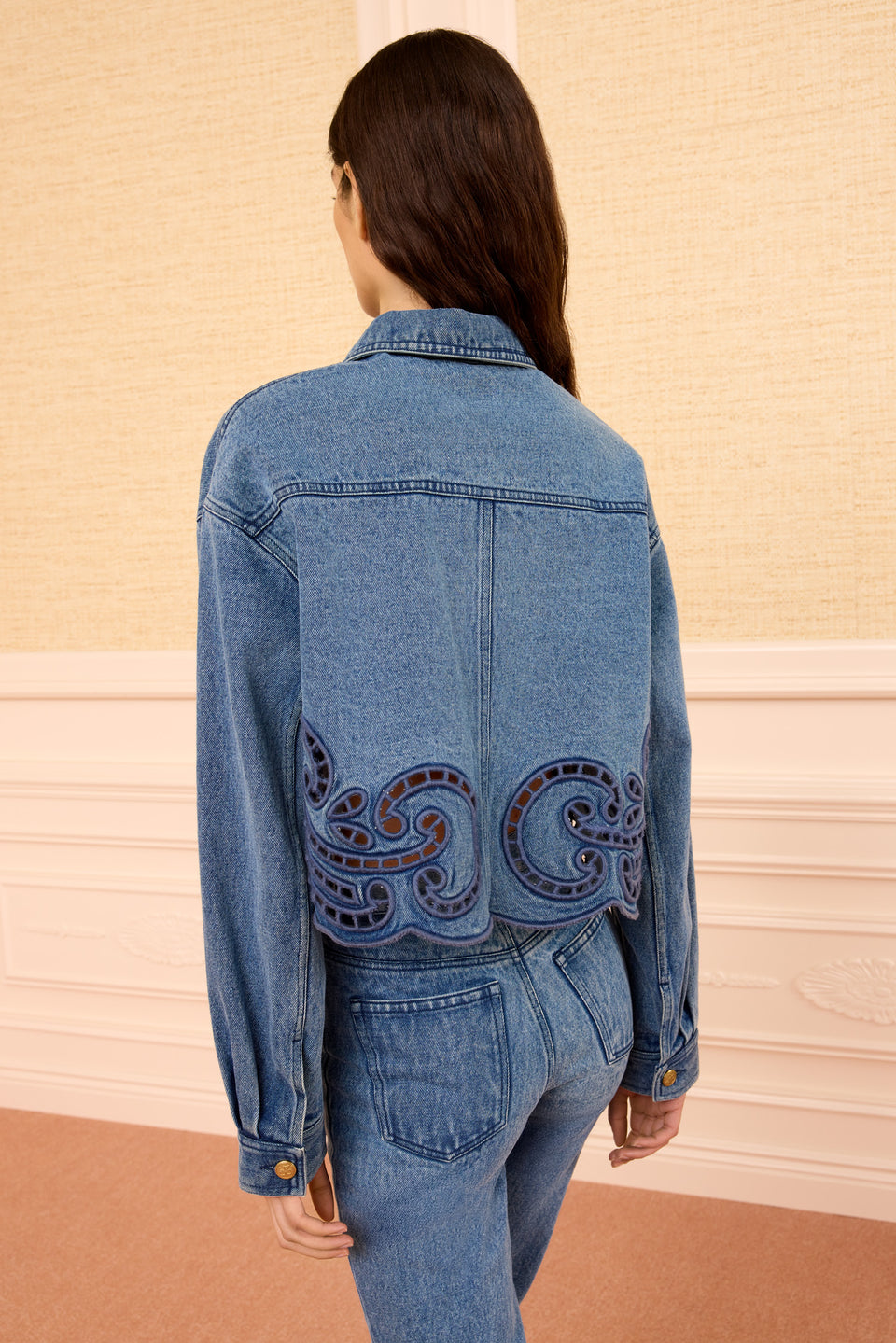 River Premium Denim Jacket Coiling Eyelet Hem Detail - Back View | Ulla Johnson