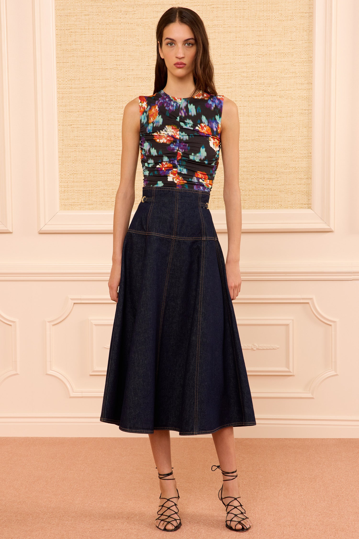 Brigette Denim Midi Skirt Tigris Dark Wash - Full Length Front View On Model | Ulla Johnson