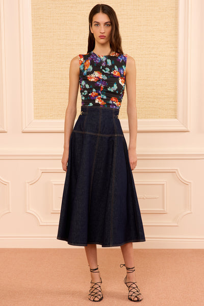 Brigette Denim Midi Skirt Tigris Dark Wash - Full Length Front View On Model | Ulla Johnson