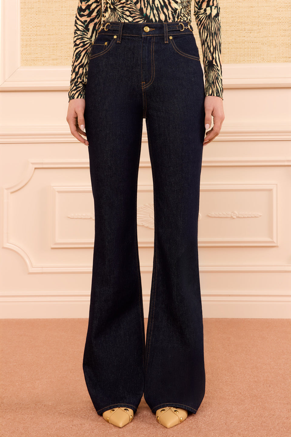 Tigris Dark Wash Designer Denim - Front Cropped View, High Waist Flare Leg | Ulla Johnson