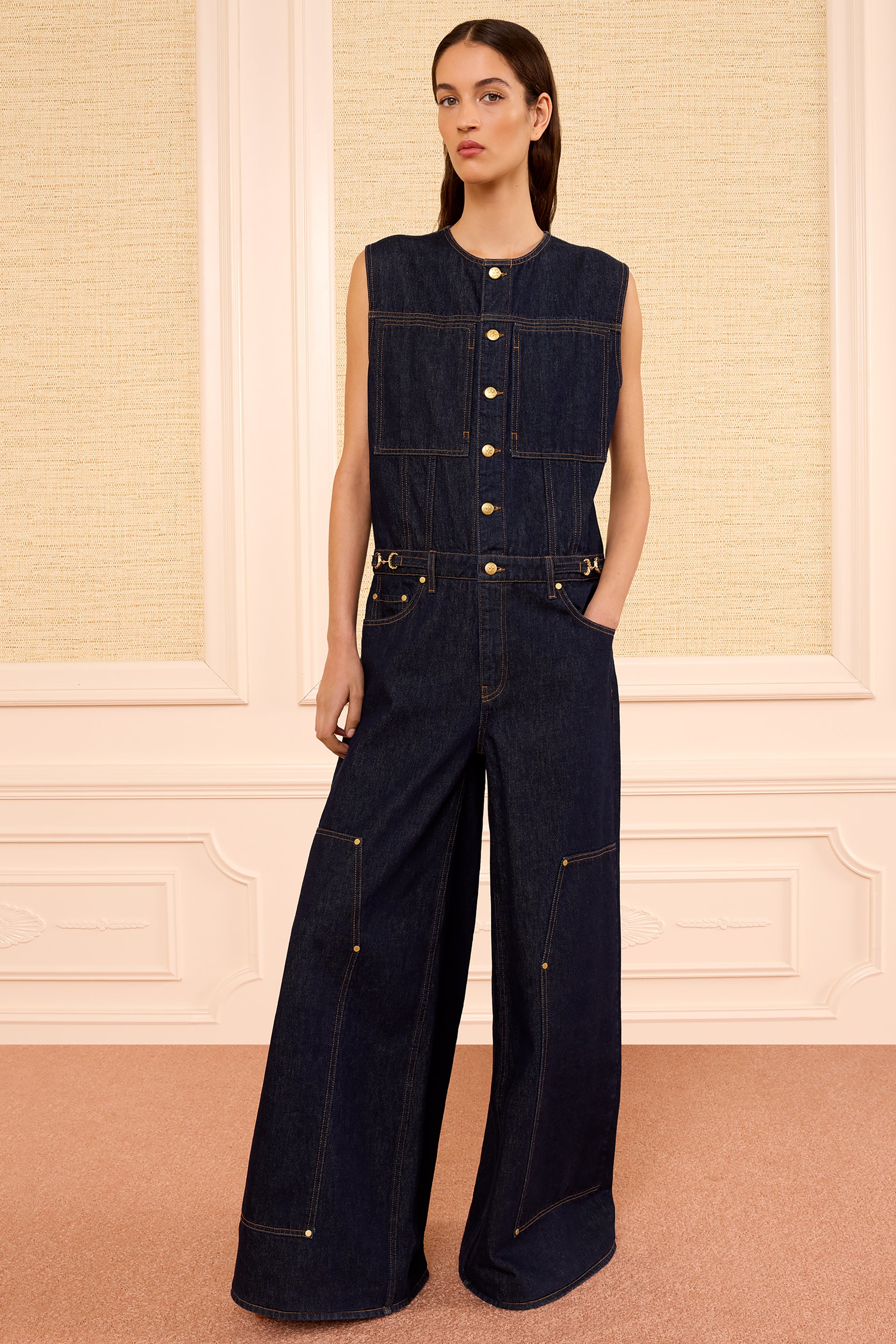 Tigris Dark Indigo Denim Wide-Leg Jumpsuit - Front View On Model | Ulla Johnson