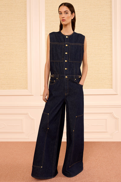 Tigris Dark Indigo Denim Wide-Leg Jumpsuit - Front View On Model | Ulla Johnson