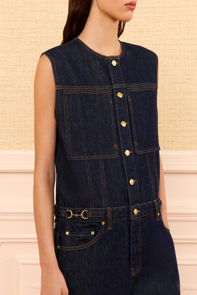 Dark Indigo Denim Jumpsuit Gold Button & Horsebit Belt Detail - Close Up | Ulla Johnson