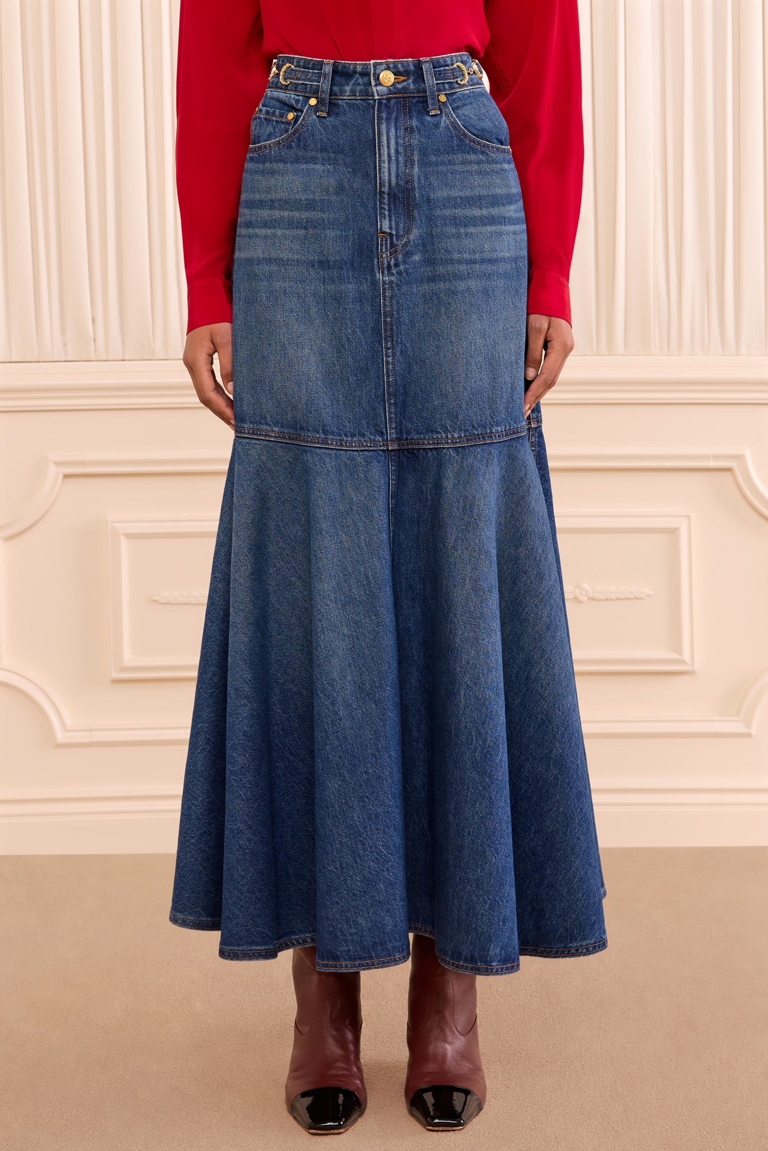 The Madelyn Denim Skirt - Nile A-Line Midi Denim Skirt - Ulla Johnson