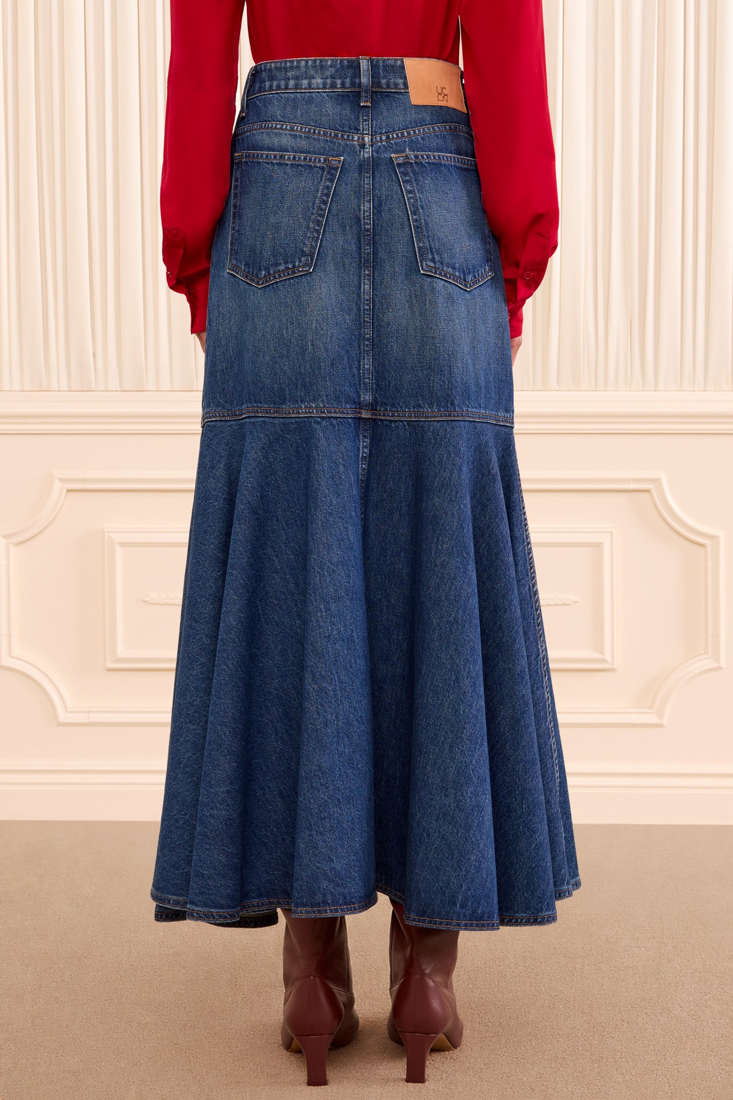 The Madelyn Denim Skirt - Nile A-Line Midi Denim Skirt - Ulla Johnson
