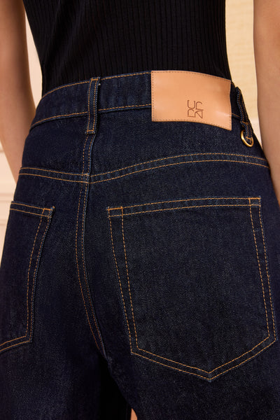 Tigris Dark Wash Denim Culotte - Back Leather Patch Detail, Premium Contrast Stitching | Ulla Johnson