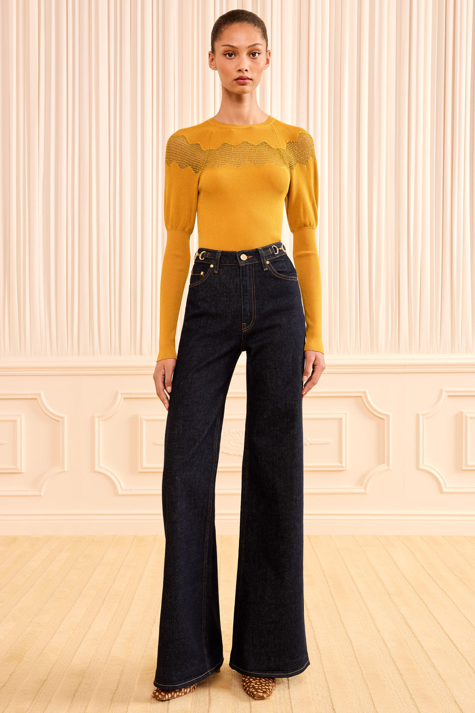 Tigris Dark Wash Denim Flared Jean, Full-Length On Model | Ulla Johnson