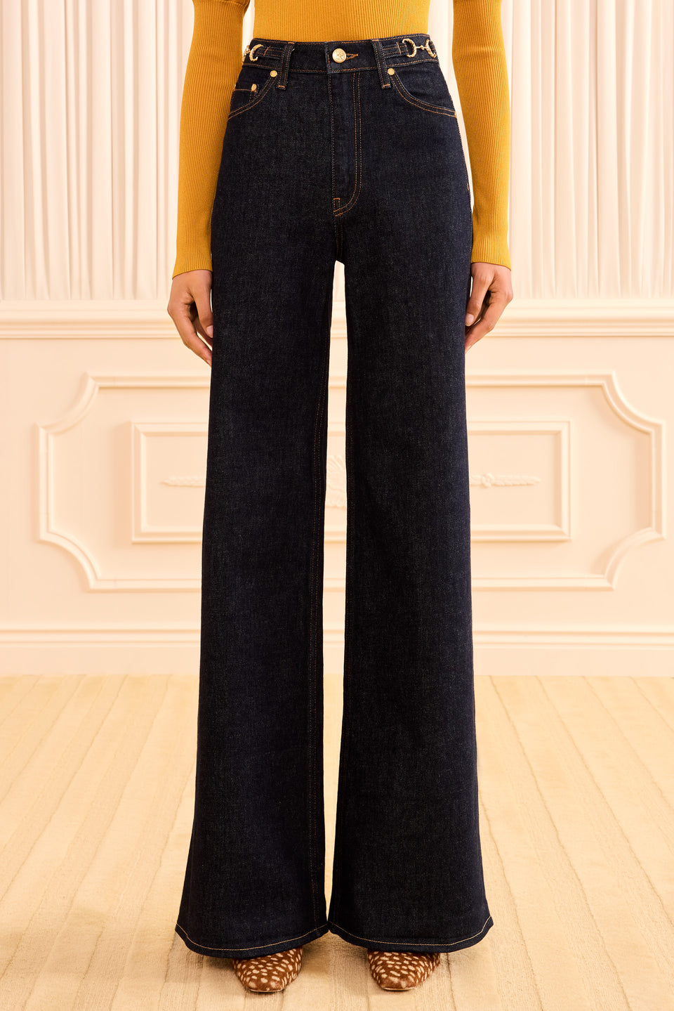 Tigris Dark Wash High-Rise Denim Jean, Front View On Model | Ulla Johnson